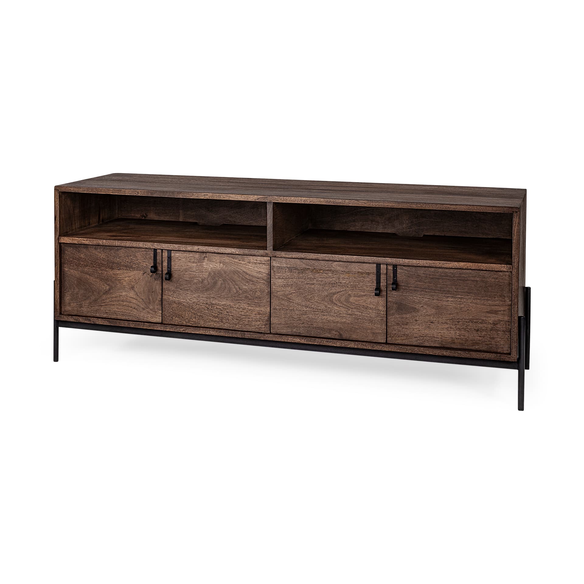 Glenn IV Dark Brown Wood w/ Black Iron Frame Media Console w/ Storage, TV Stand for TV up to 71" — product photograph