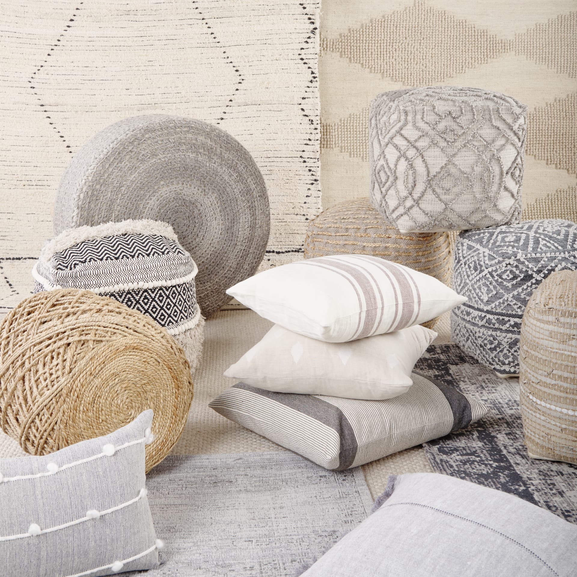 Darika 16.0L x 16.0W x 16.0H Black/White/Gray Cotton Pouf — product photograph