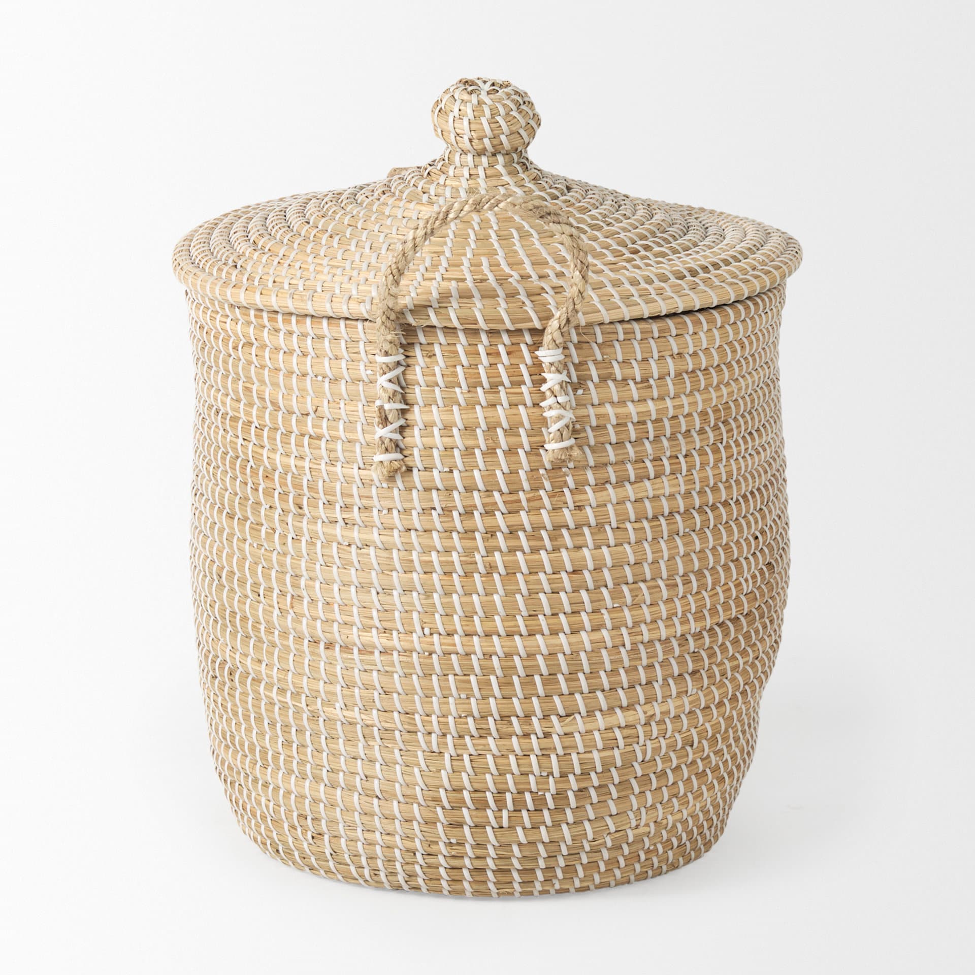 Olivia 15.7L x 15.7W x 17.3H Set of 3 Beige Seagrass Basket W/Lid and Handles — product photograph