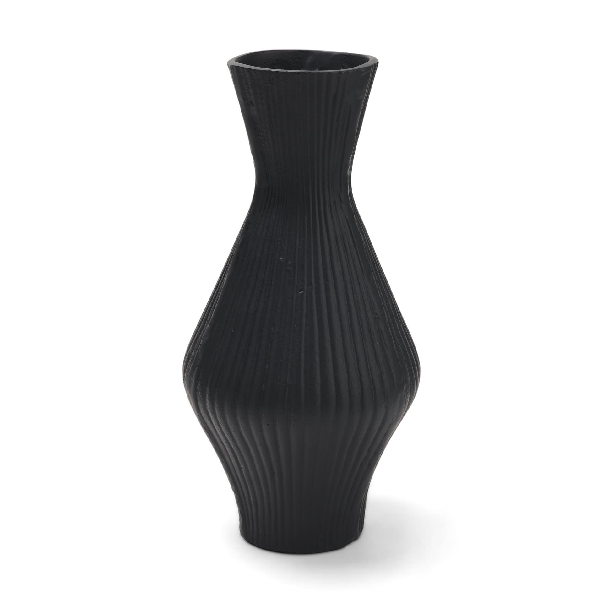 Patine Matte Black Metal Fluted Hourglass Decorative Vase — product photograph
