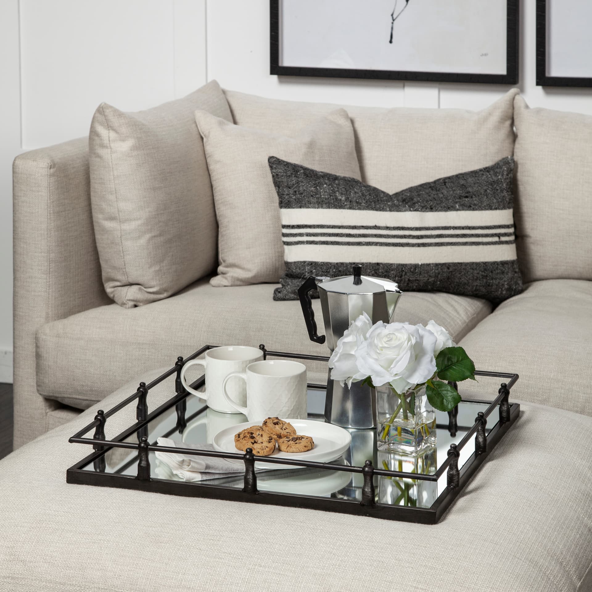 Christa 22L x 22W Black Metal Mirrored Base Square Tray — product photograph