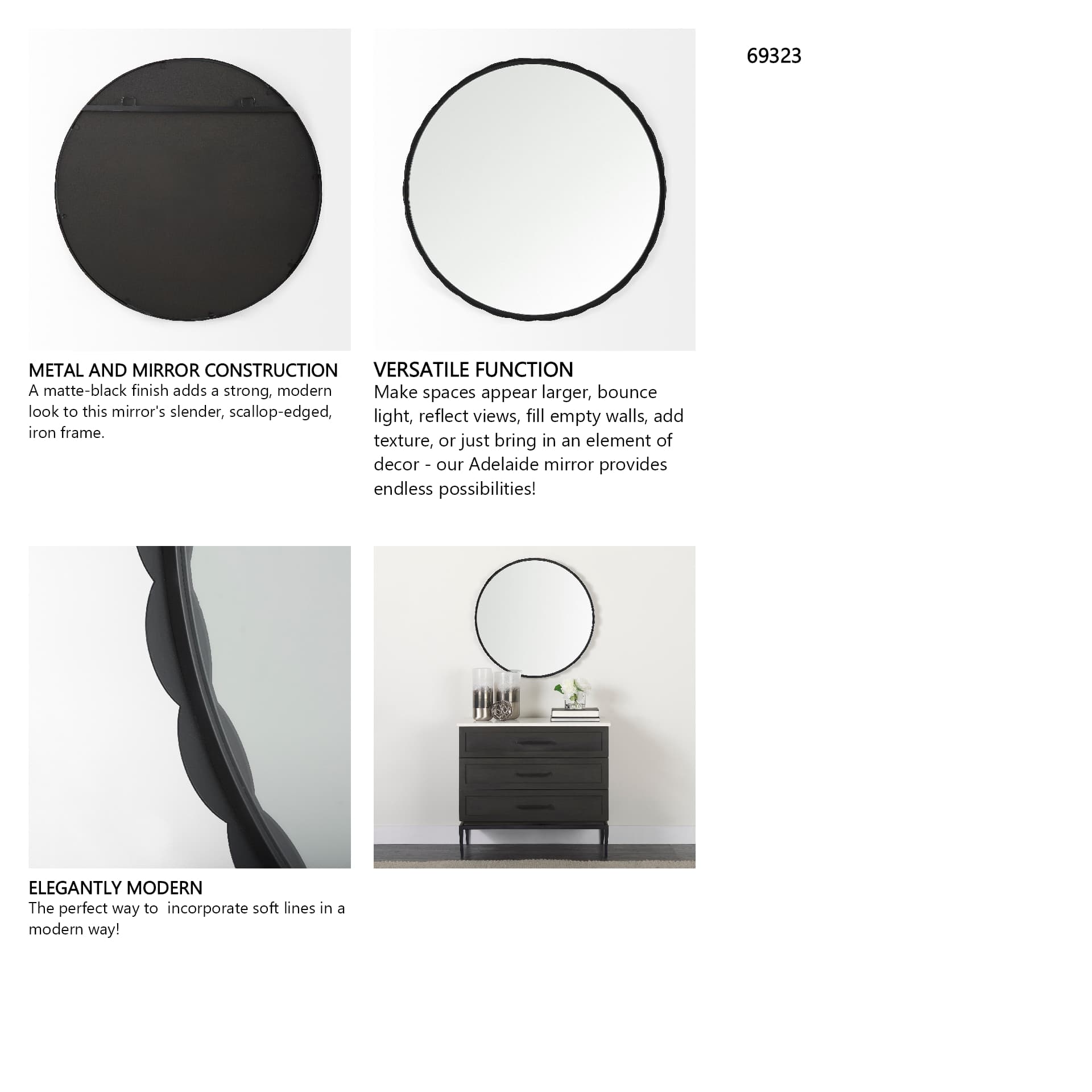 Adelaide 29.7"Black Metal Scallop Edge Round Mirror — in a styled room