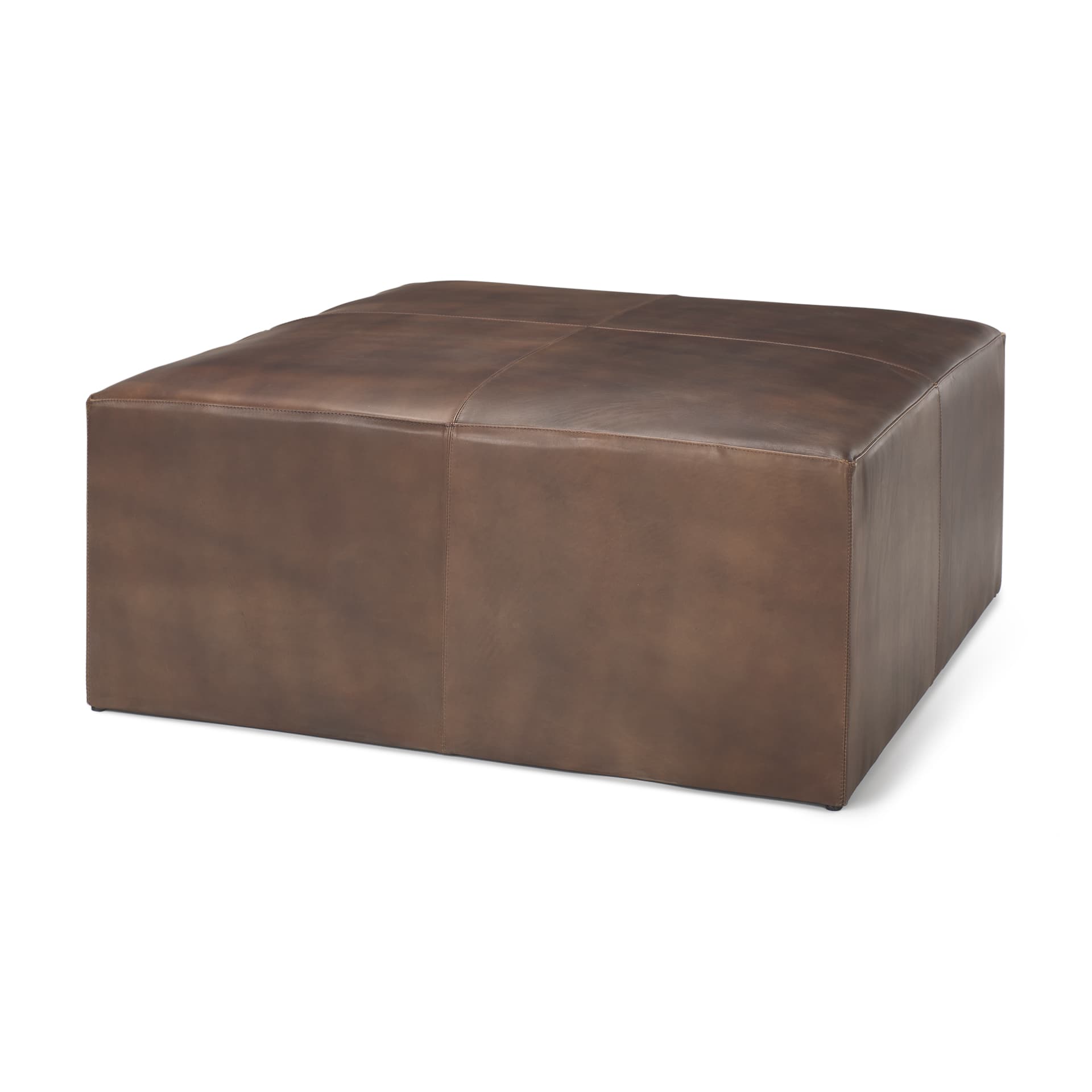 Minara 36" Square Brown Leather Wrapped w/Wood Base Ottoman — product photograph