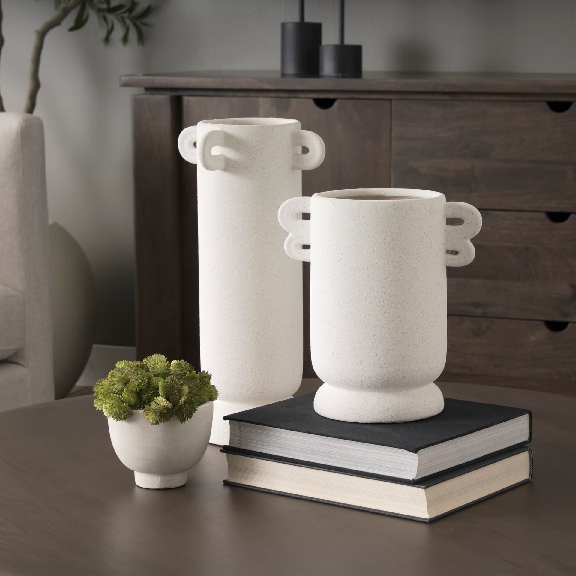 Dylan Tall Textured Off White w/ Handles Ceramic Vase — product photograph
