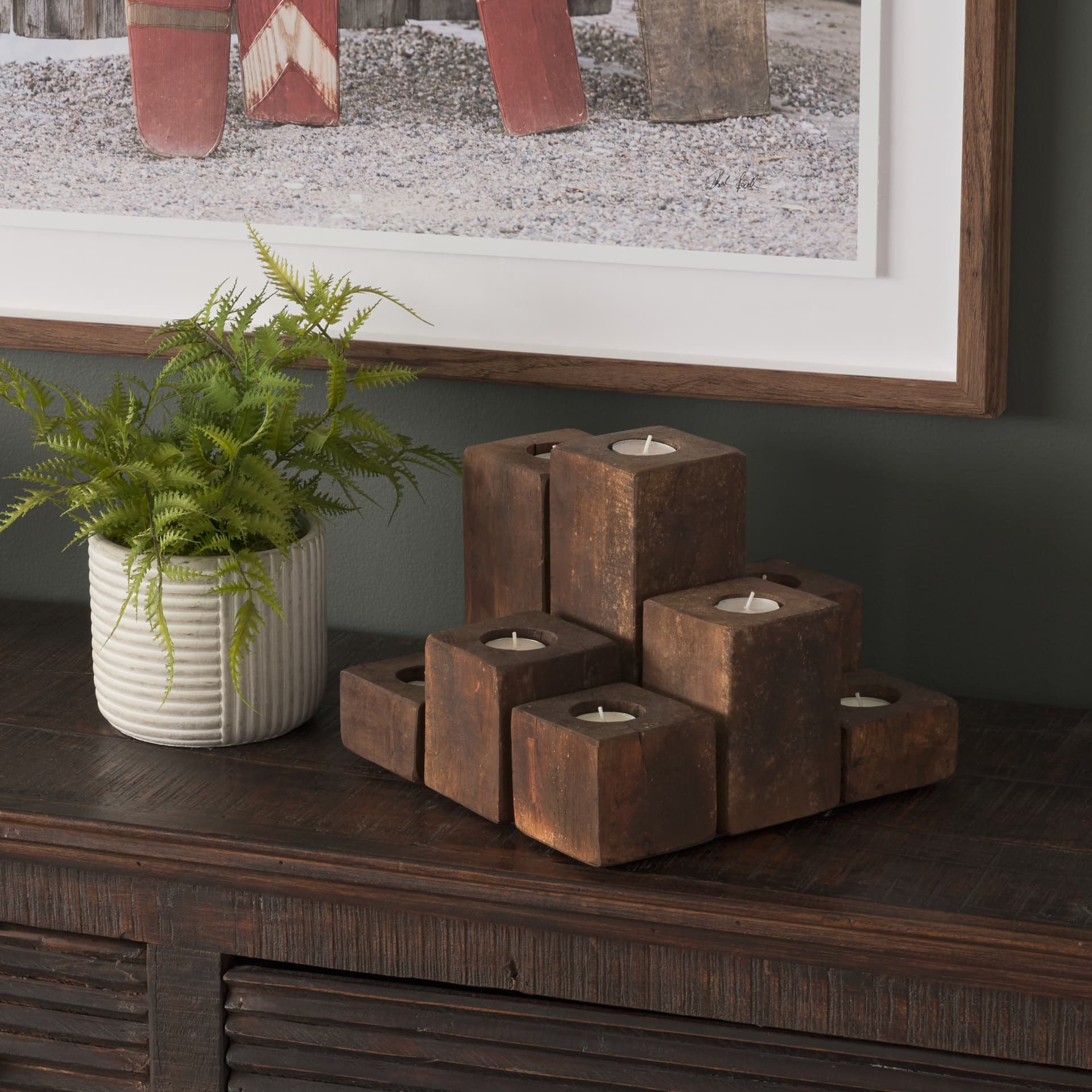 Cassius Light Brown Nine Wood Block Table Candle Holder — product photograph