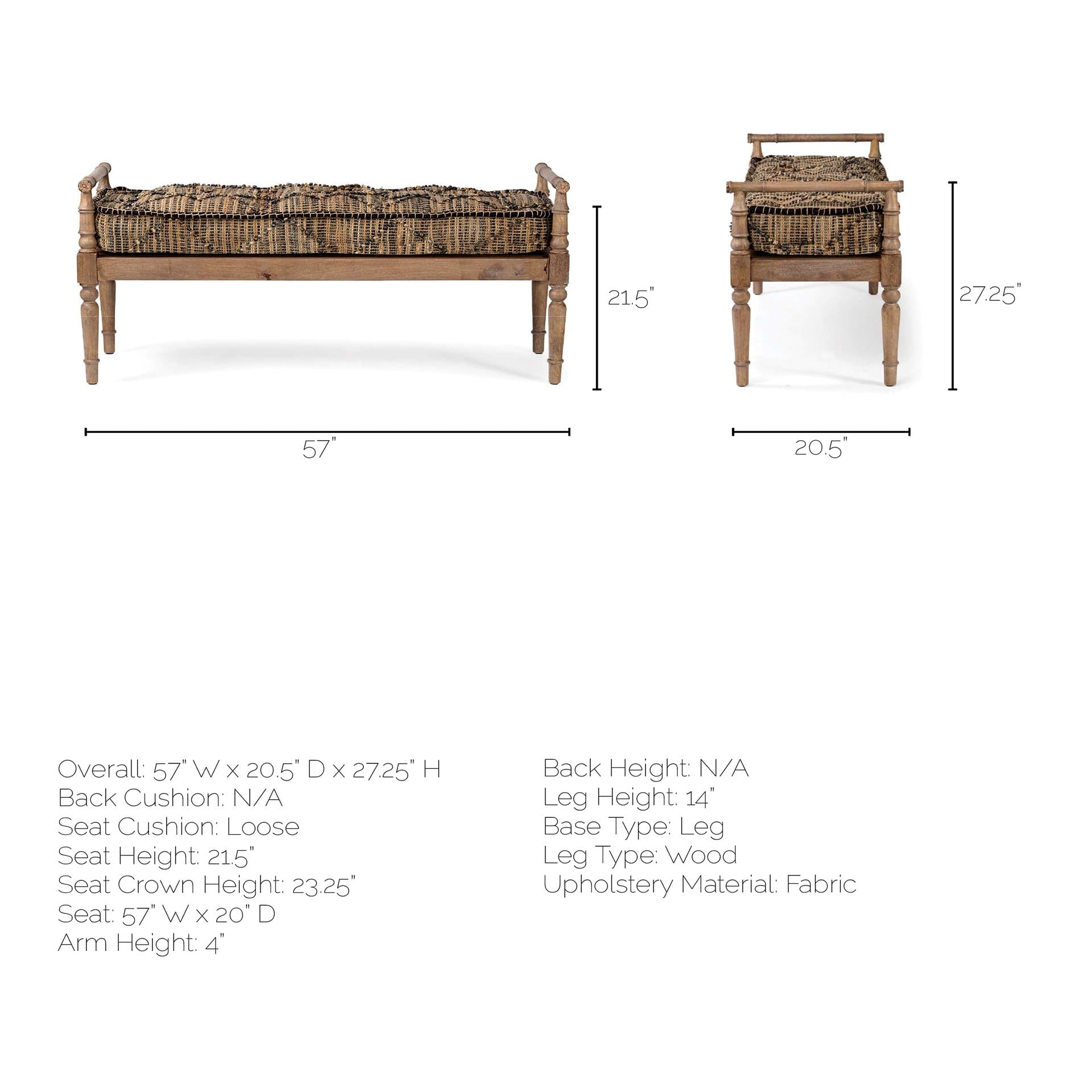 Fullerton II 57L x 21W Jute Patterned Top W/Brown Wood Base Accent Bench — product photograph