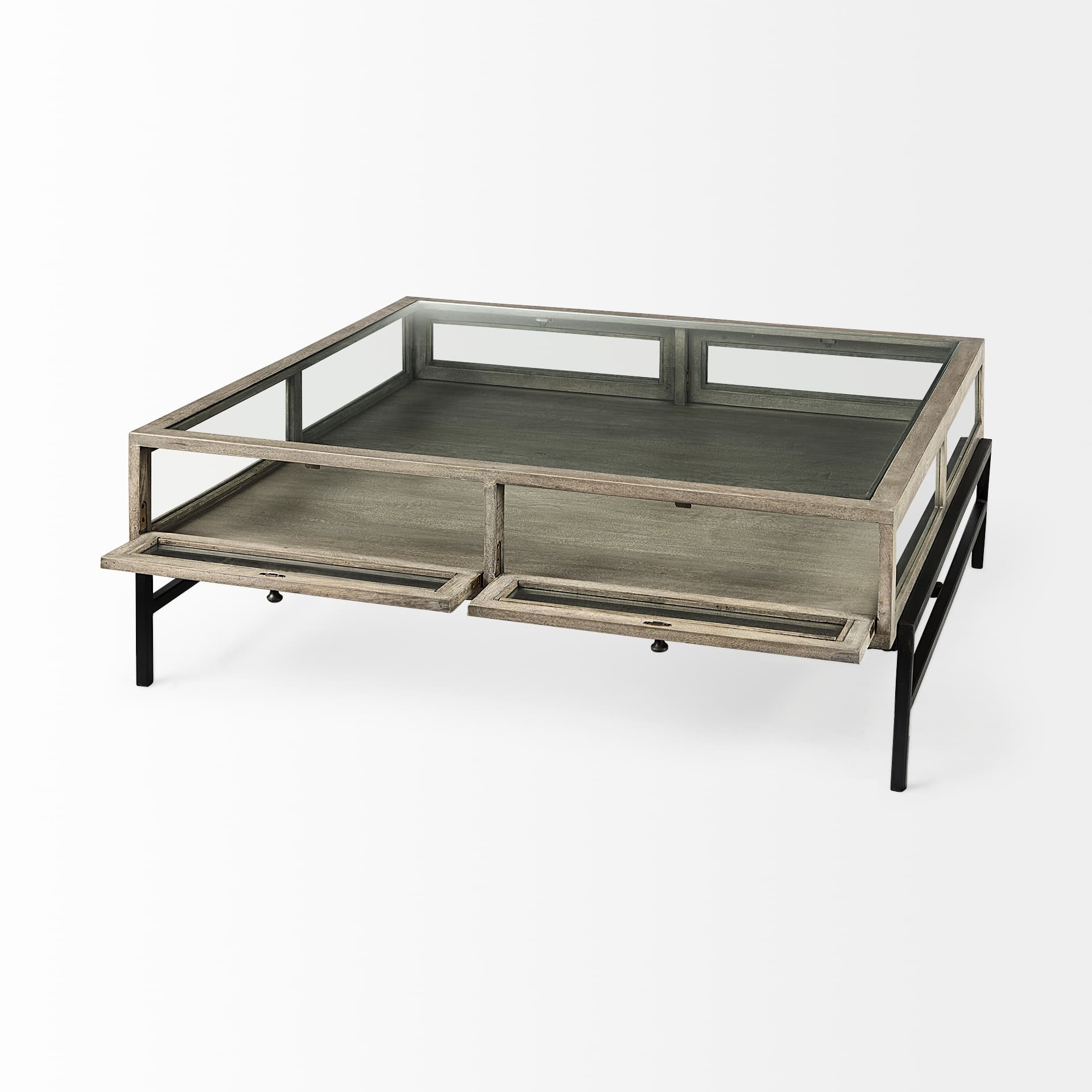 Arelius 42" Square Glass-Top Gray Wood w/ Black Metal Base Display Coffee Table — product photograph