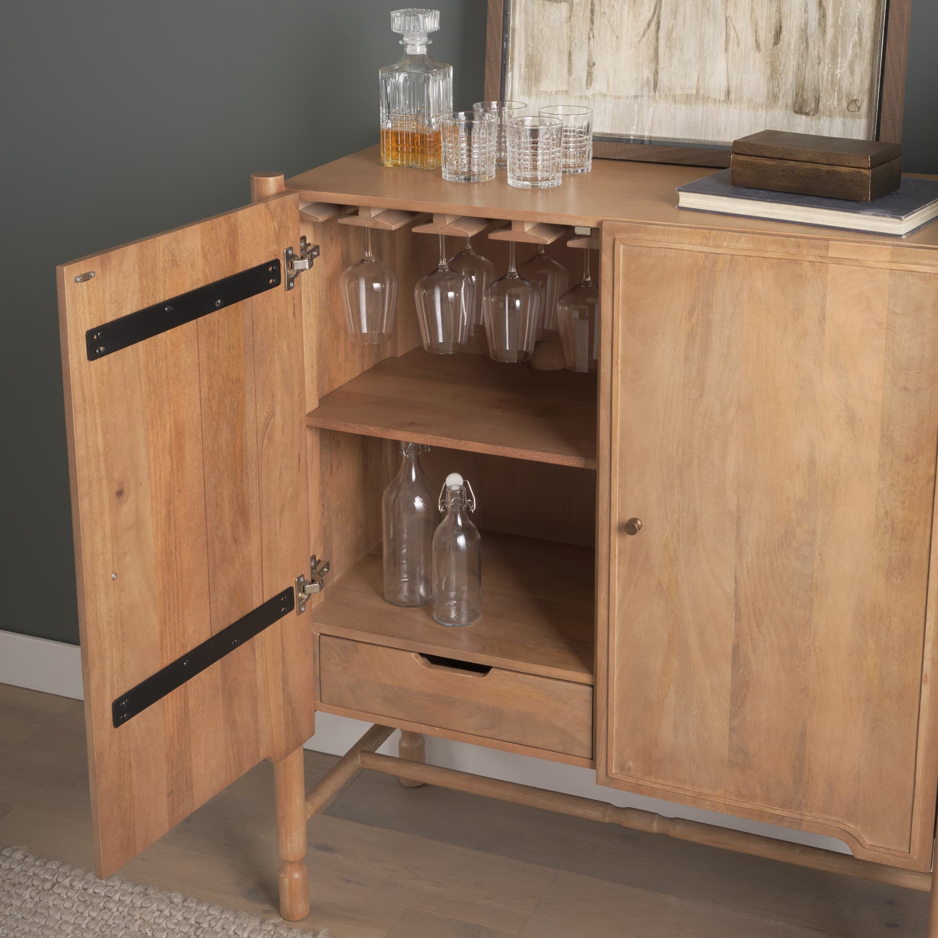 Phil Light Brown Wood 2 Door Bar Cabinet — product photograph