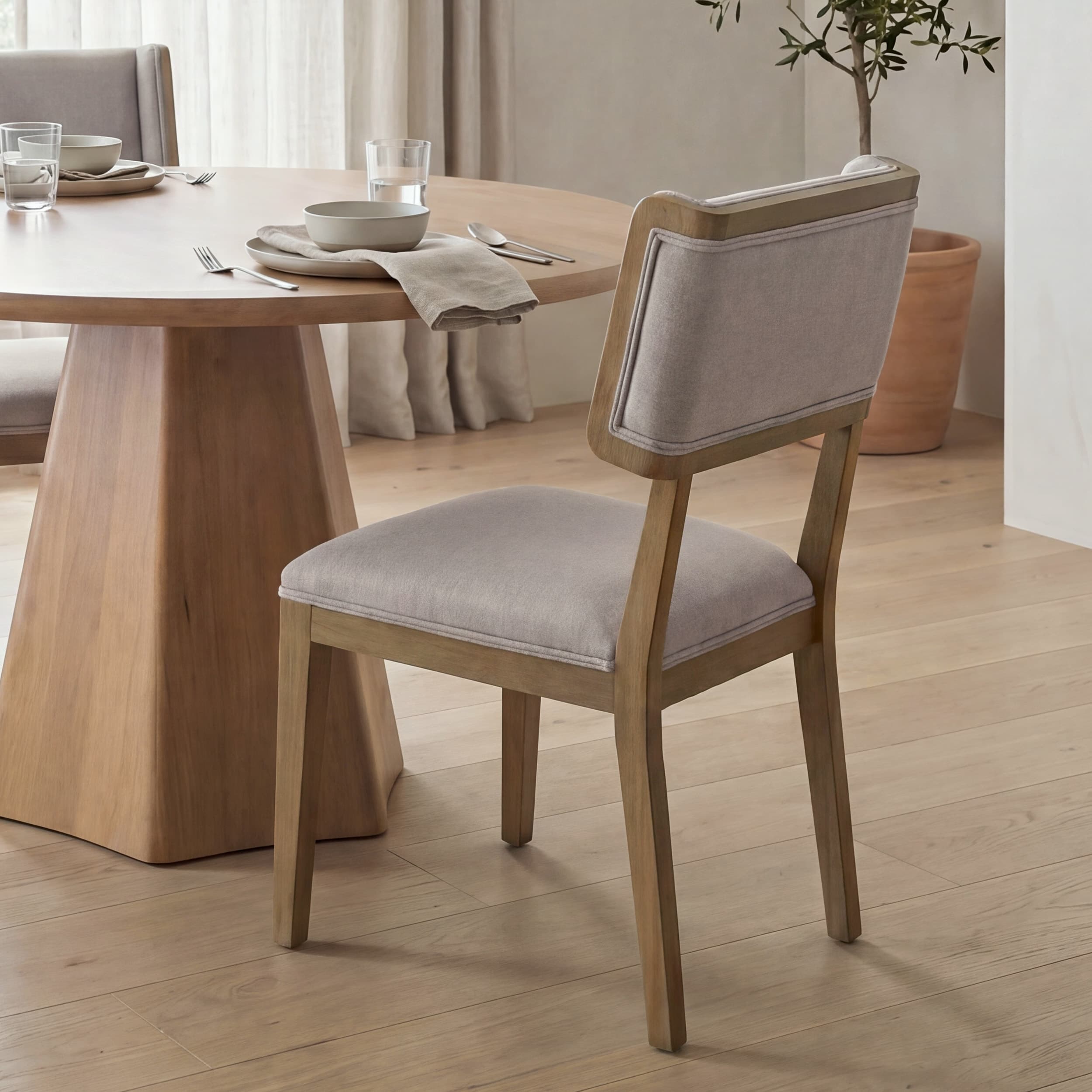 Tenton Open Back Dining Side Chair | Grey Fabric w/ Brown Wooden — product photograph