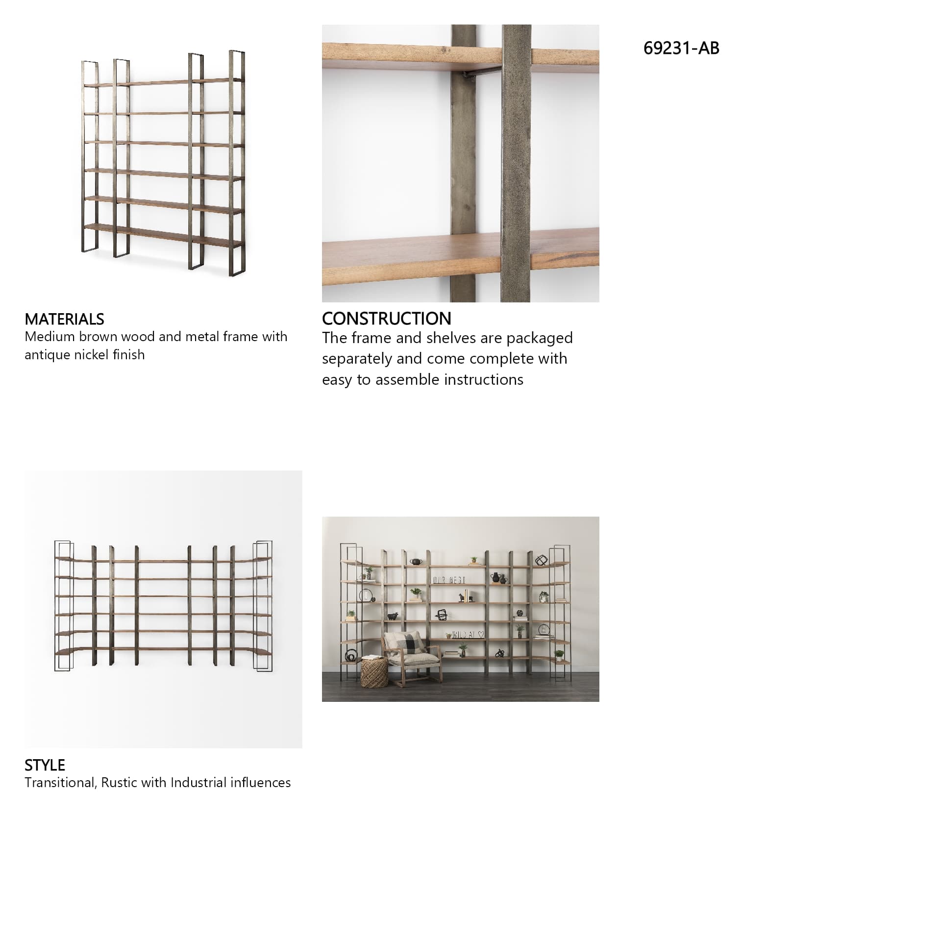 Taunton 80L x 10.5W x 90H Medium Brown Wood W/ Antique Nickel Metal Frame 6 Tier Shelving Unit — in a styled room