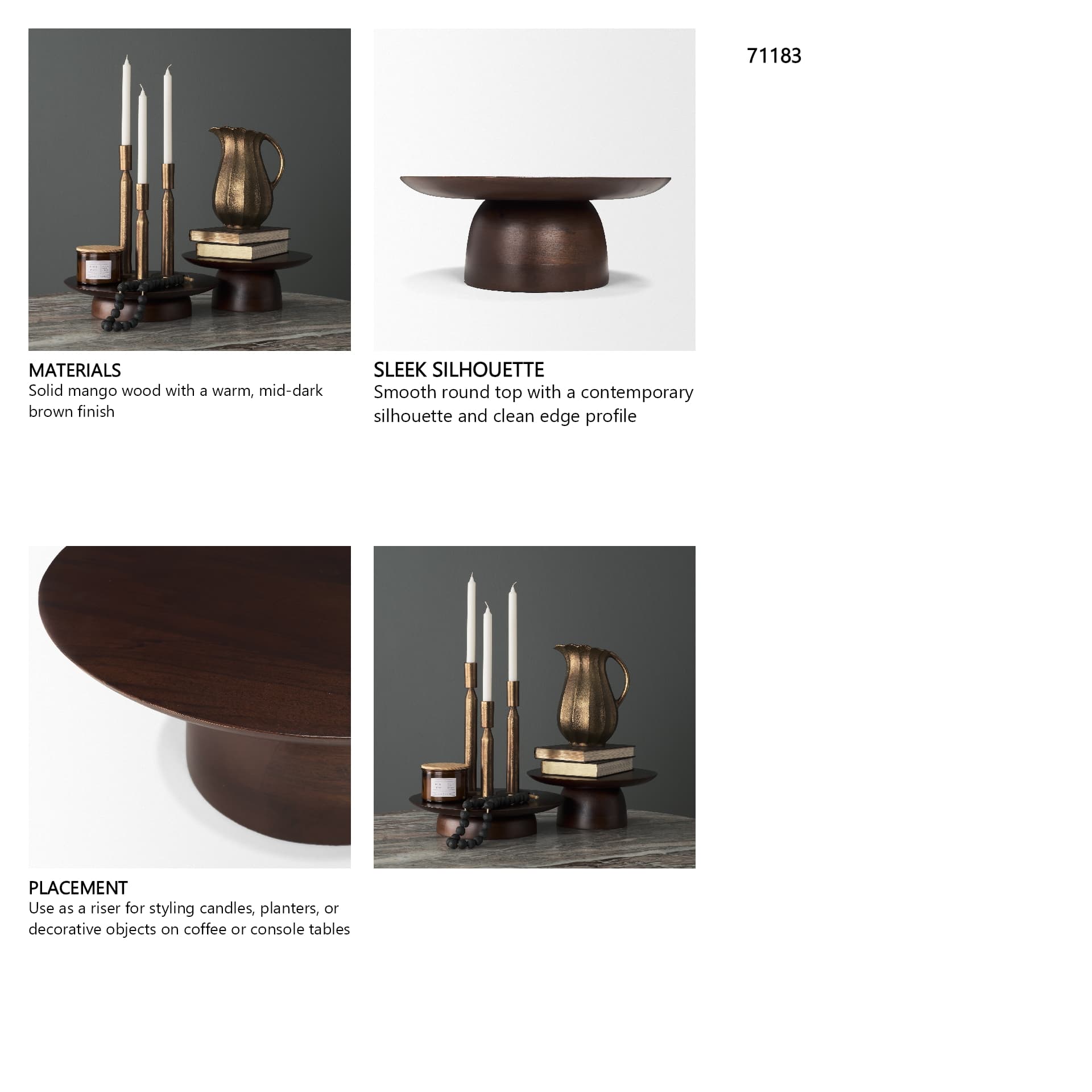 Sadira Small Mid-Dark Brown Solid Wood Round Riser — in a styled room