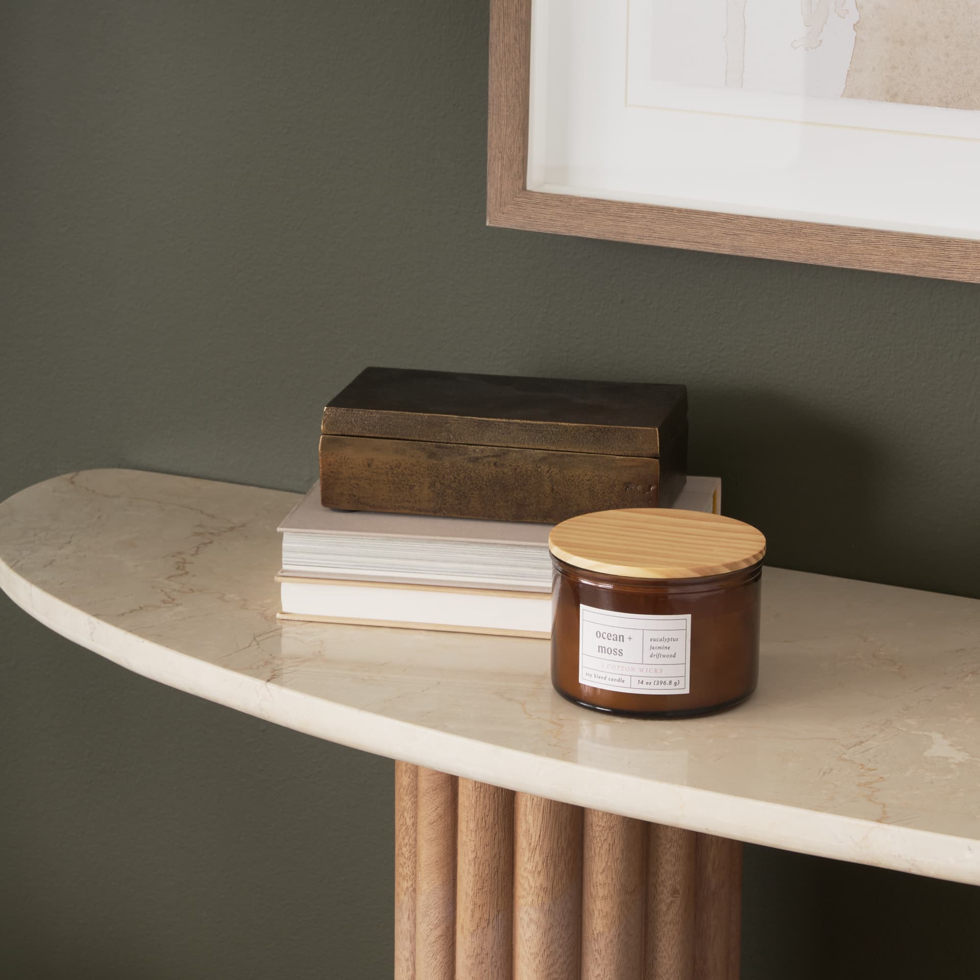 Marbrello Botticino Marble Top Light Brown Fluted Wood Half Moon Console Table — product photograph