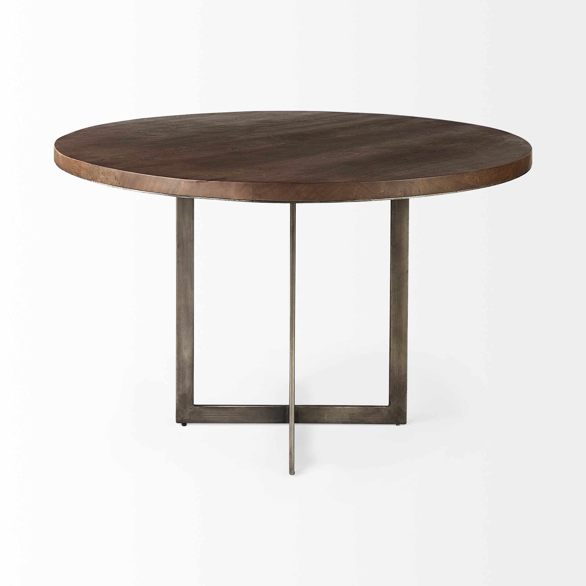 Faye 48" Round Dining Table | Med Brown Wood & Antique Nickel Metal | Seats 4 — product photograph