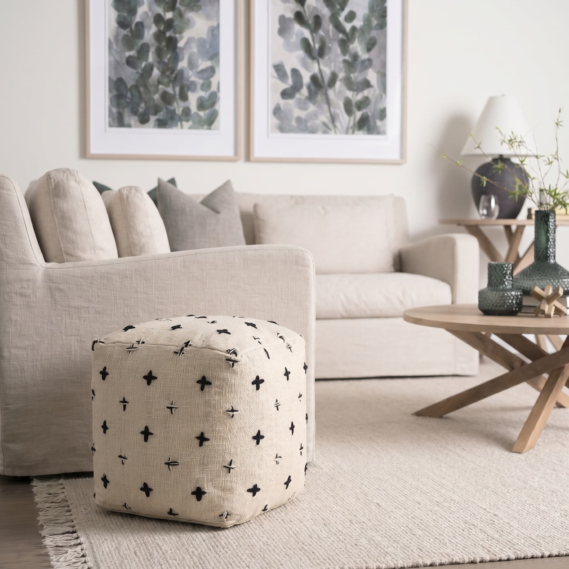 Saanvi Wool w/ Cream and Black Stitched Cross Patterned Pouf — product photograph