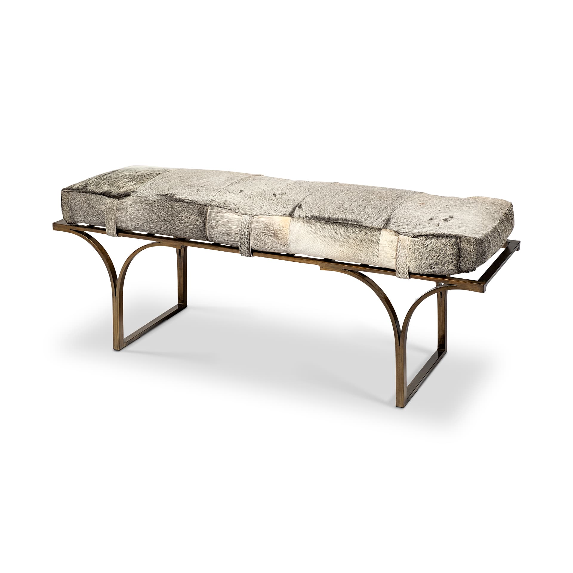 Jessie 55L x 16W White/Gray Hair-On-Hide Seat W/Gold Metal Base Accent Bench — product photograph