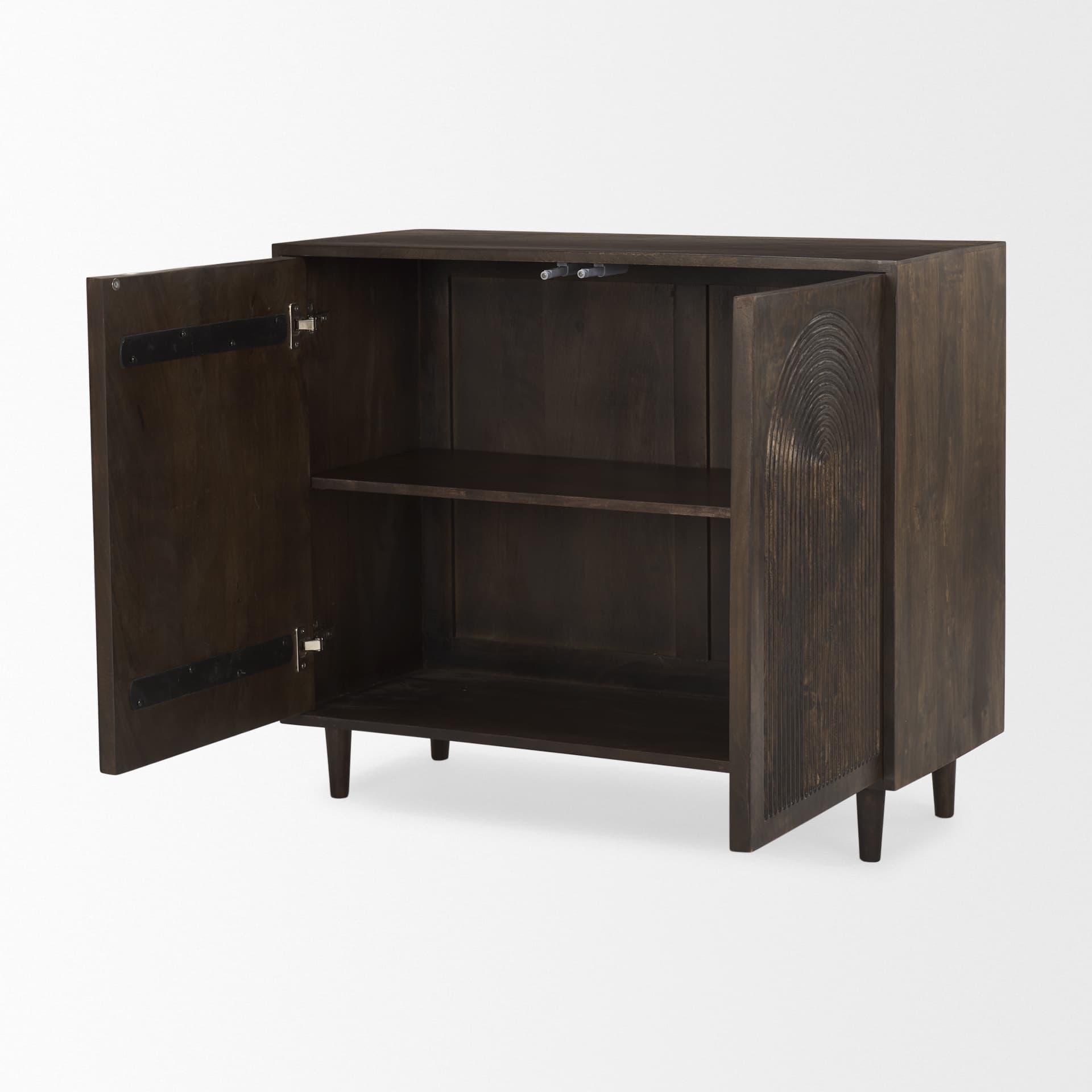 Tucker Dark Brown Wood w/ Carved Arch Pattern 2 Door Cabinet — product photograph