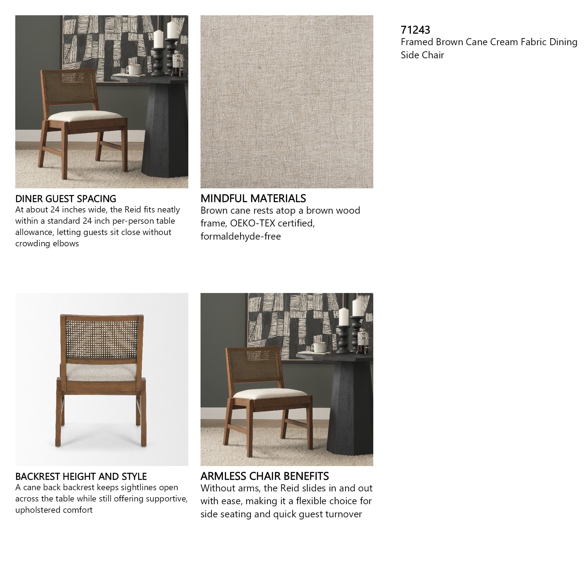 Reid Cane Back Dining Side Chair | Cream Fabric w/ Brown Wood — in a styled room