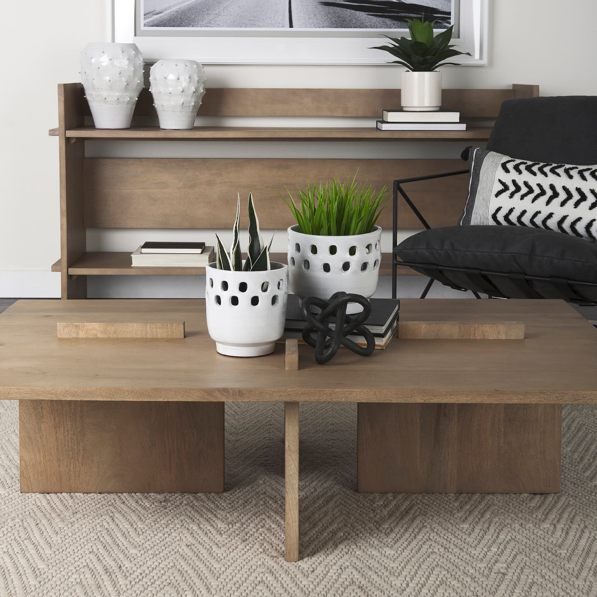 Larissa Set of Two White Ceramic Hollow Pattern Vases — in a styled room