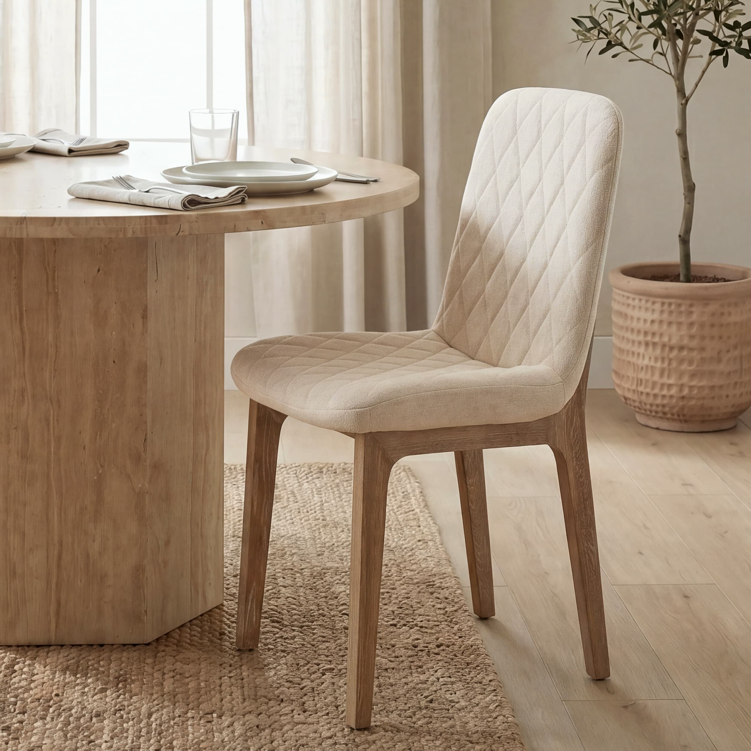 David Solid Back Dining Side Chair | Tuffed Cream Fabric w/ Brown Wood — product photograph