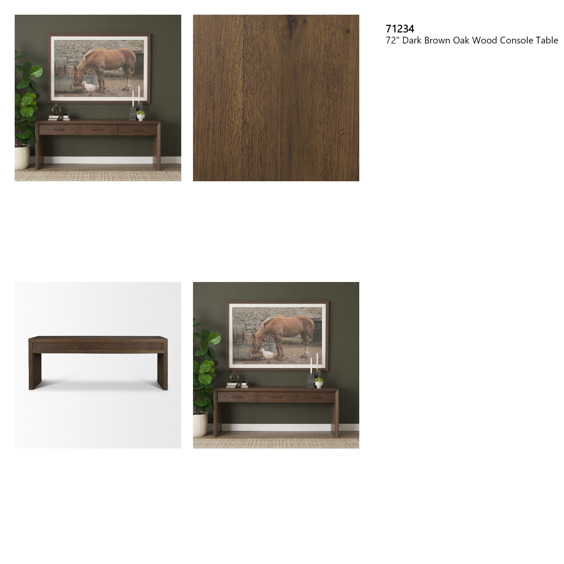 Belford 72" Dark Brown Oak Wood Console Table — in a styled room