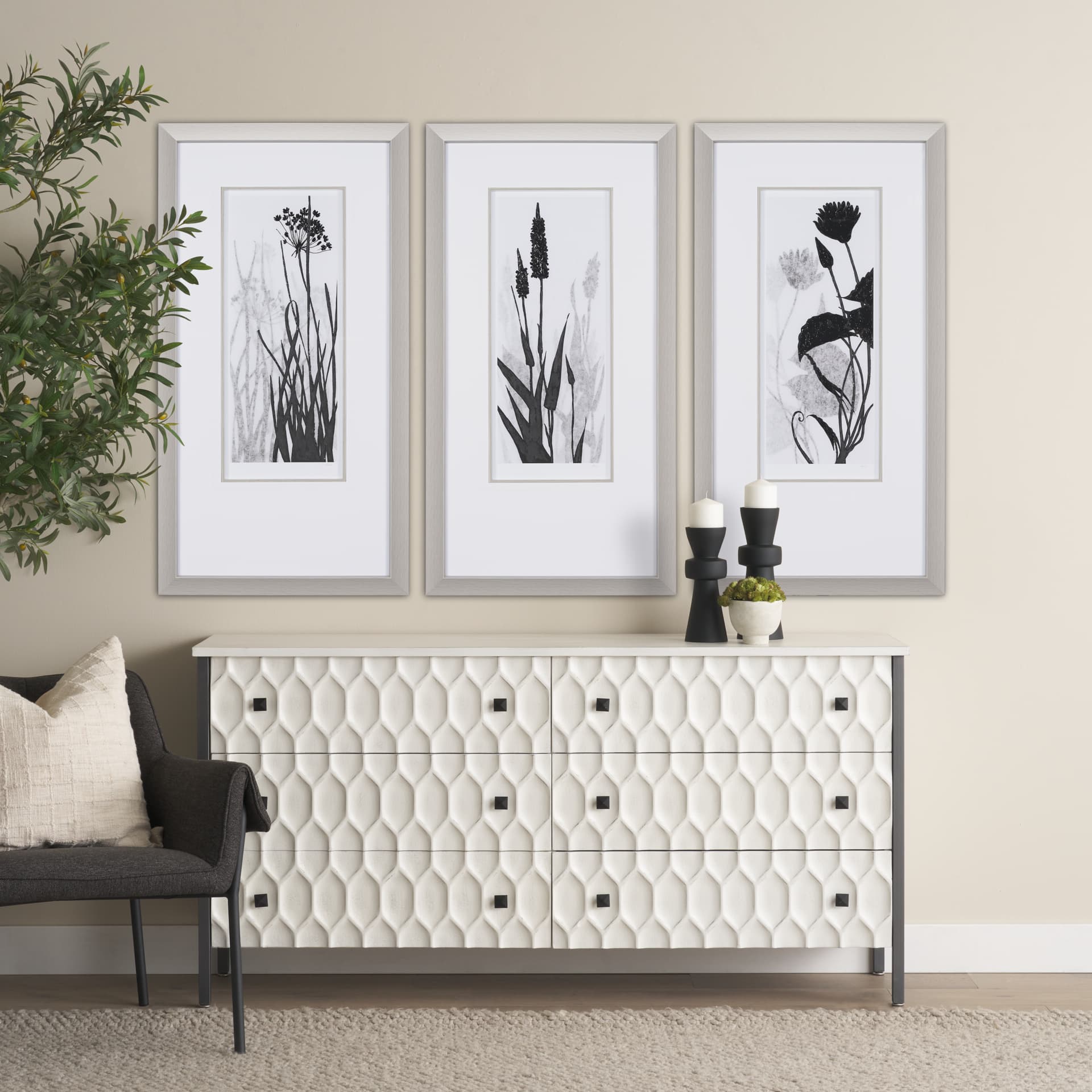 Floral Silhouette III by Mercana Studio Hand Embellished Textured Framed Art Print Matted under Glas — in a styled room