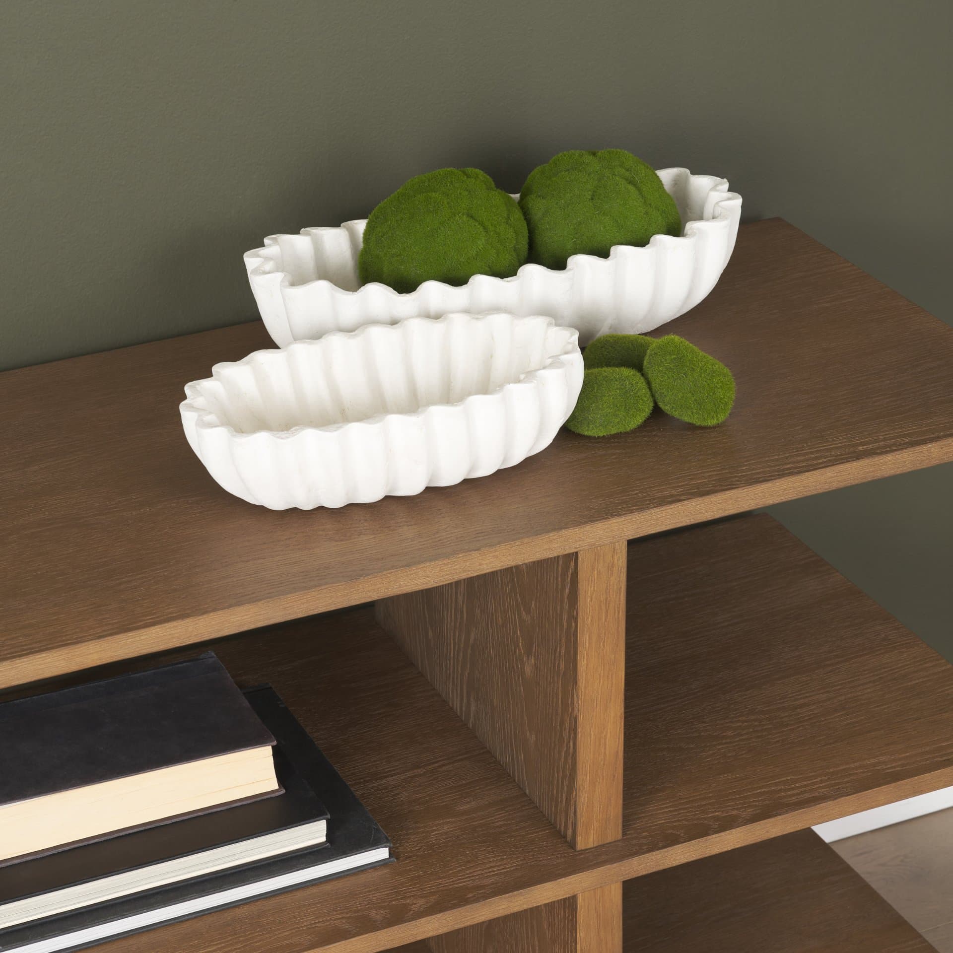 Camelia Fluted White Paper Mache Long Centerpiece Bowl — in a styled room