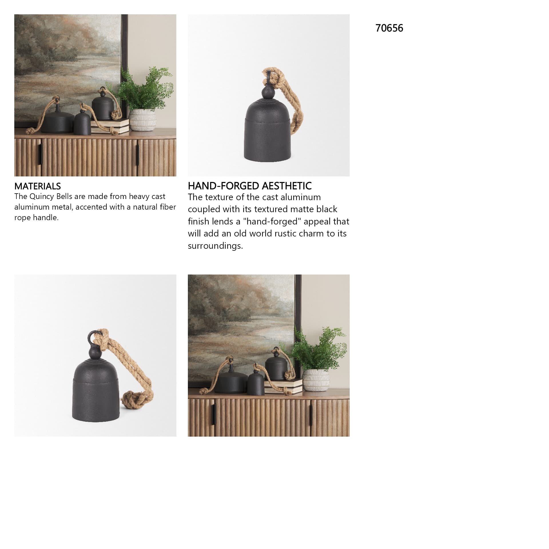 Quincy Small Matte Black Metal Decorative Bell Object — in a styled room