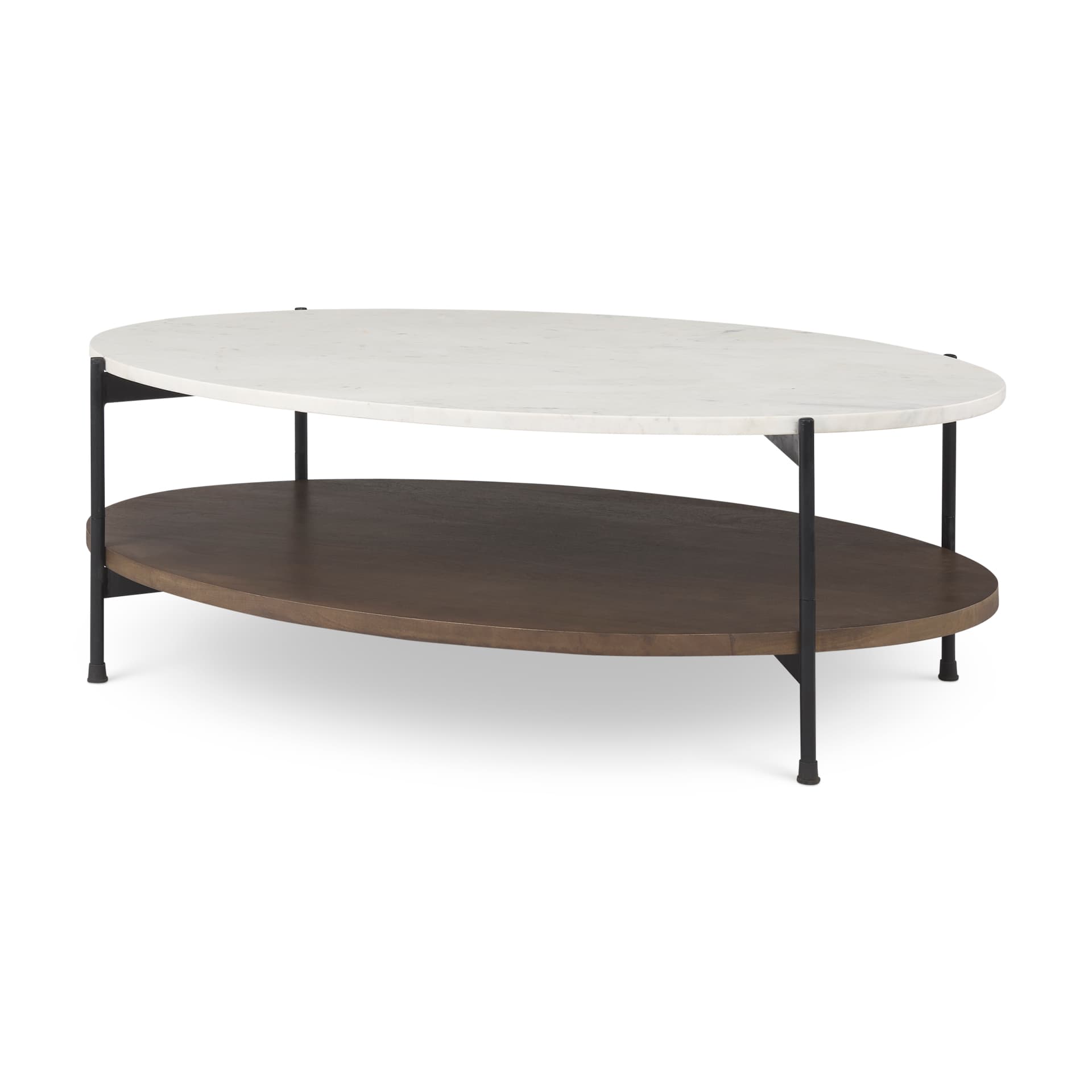 Larkin White Marble Top w/ Dark Brown Wood Shelf Oval Coffee Table — product photograph