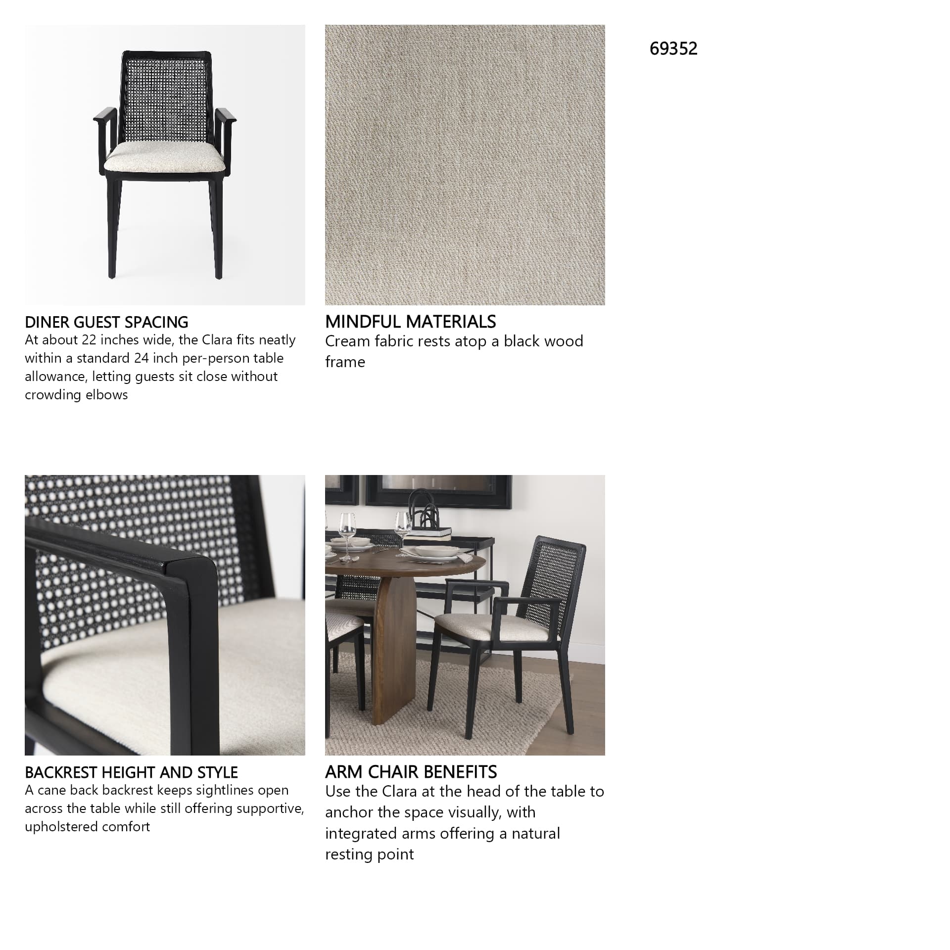 Clara Cane Back Dining Arm Chair | Cream Fabric w/ Black Wood — in a styled room