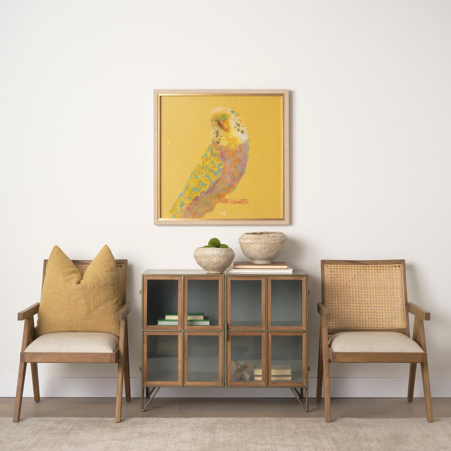 Pandora Dark Brass Metal W/Red Wood 2 Door Accent Cabinet — in a styled room