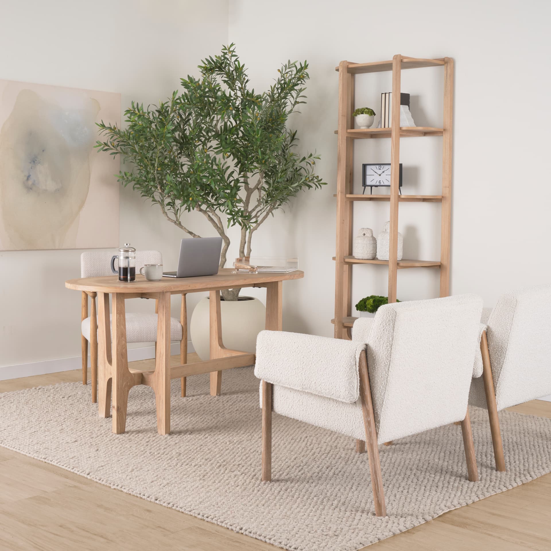 Toni Curved Back Dining Side Chair | Cream Fabric w/ Light Brown Wood — product photograph