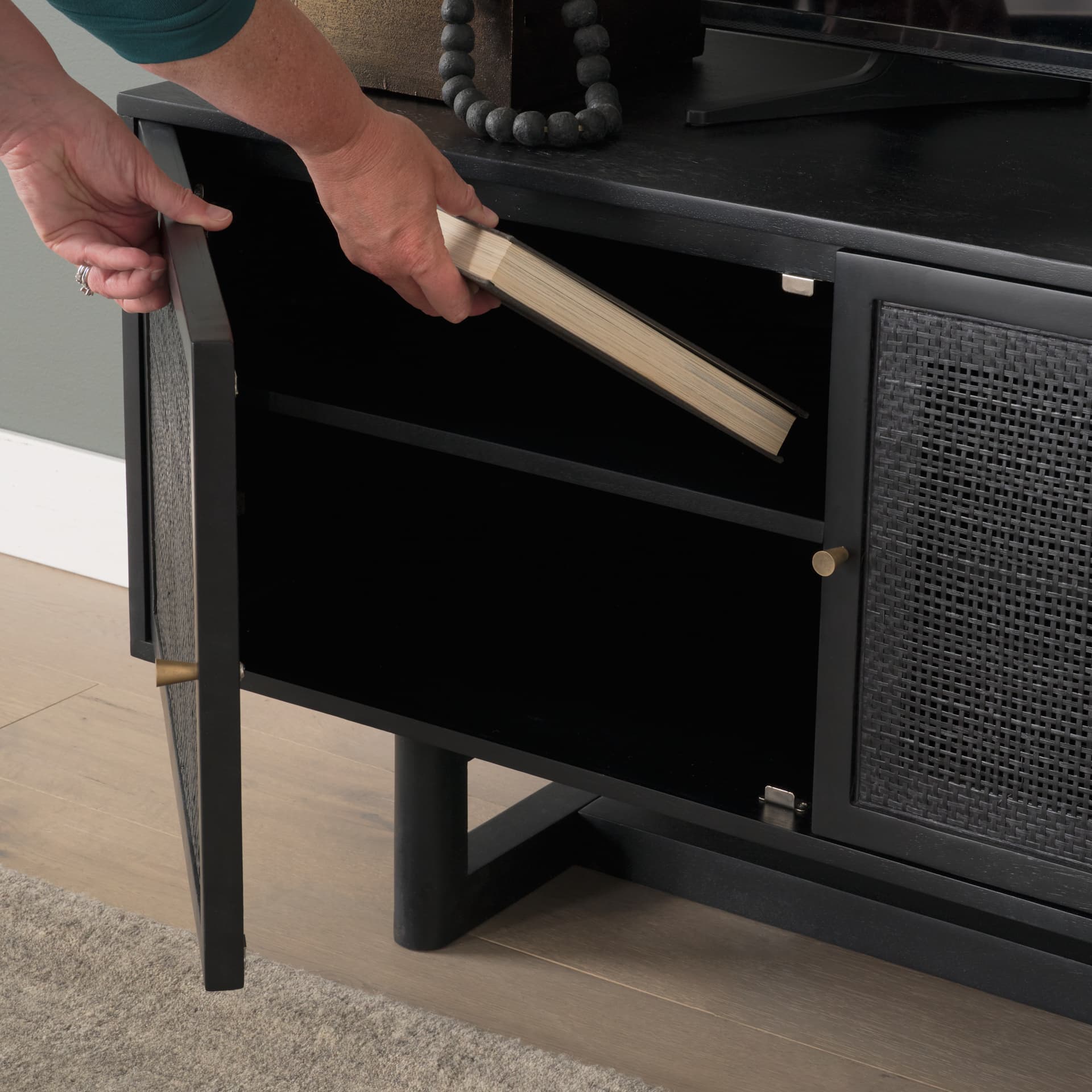 Grier 65" Black Solid Wood W/ Black Cane Media Console — product photograph