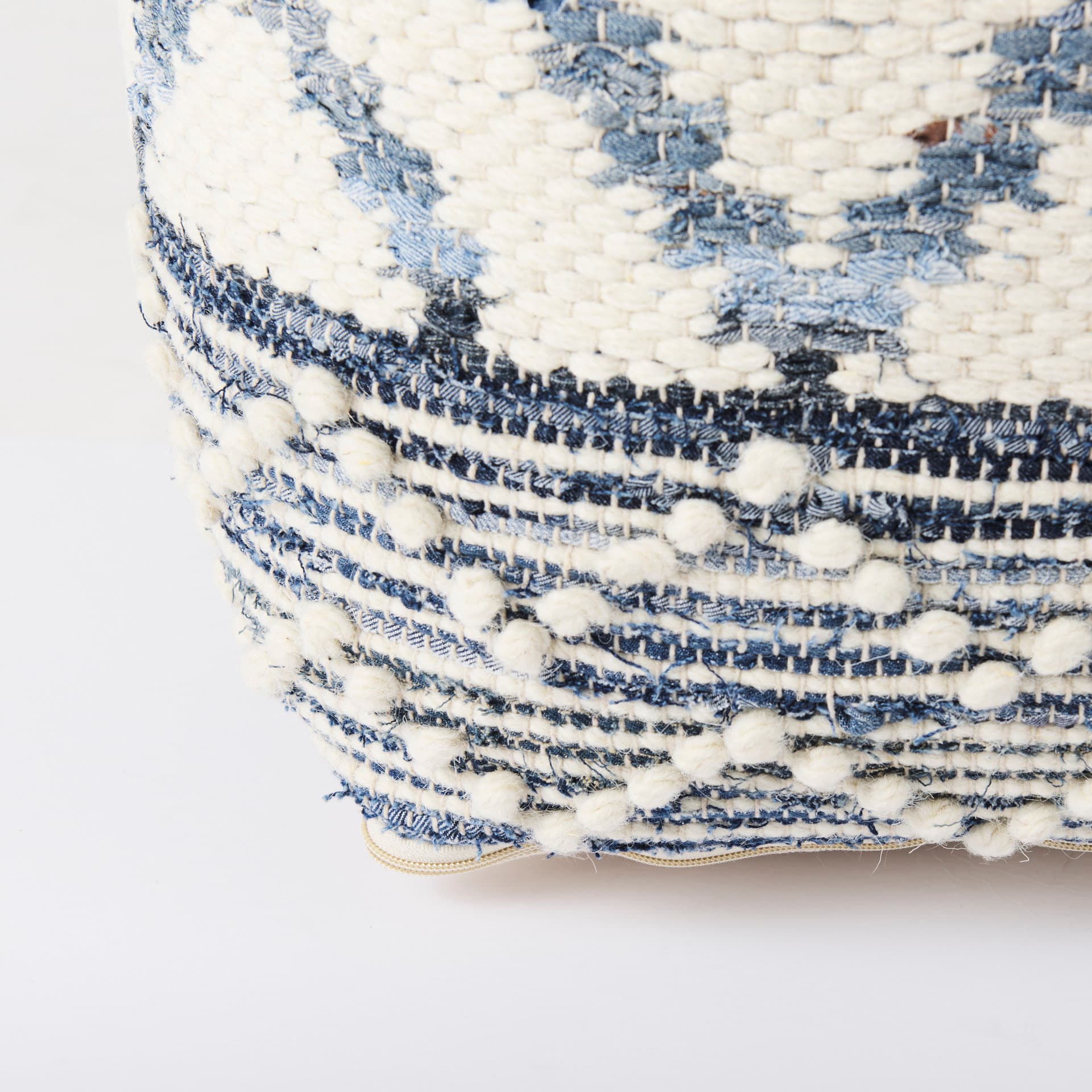 Eshana 16.0L x 16.0W x 16.0H Cream Wool and Denim Patterned Pouf — product photograph