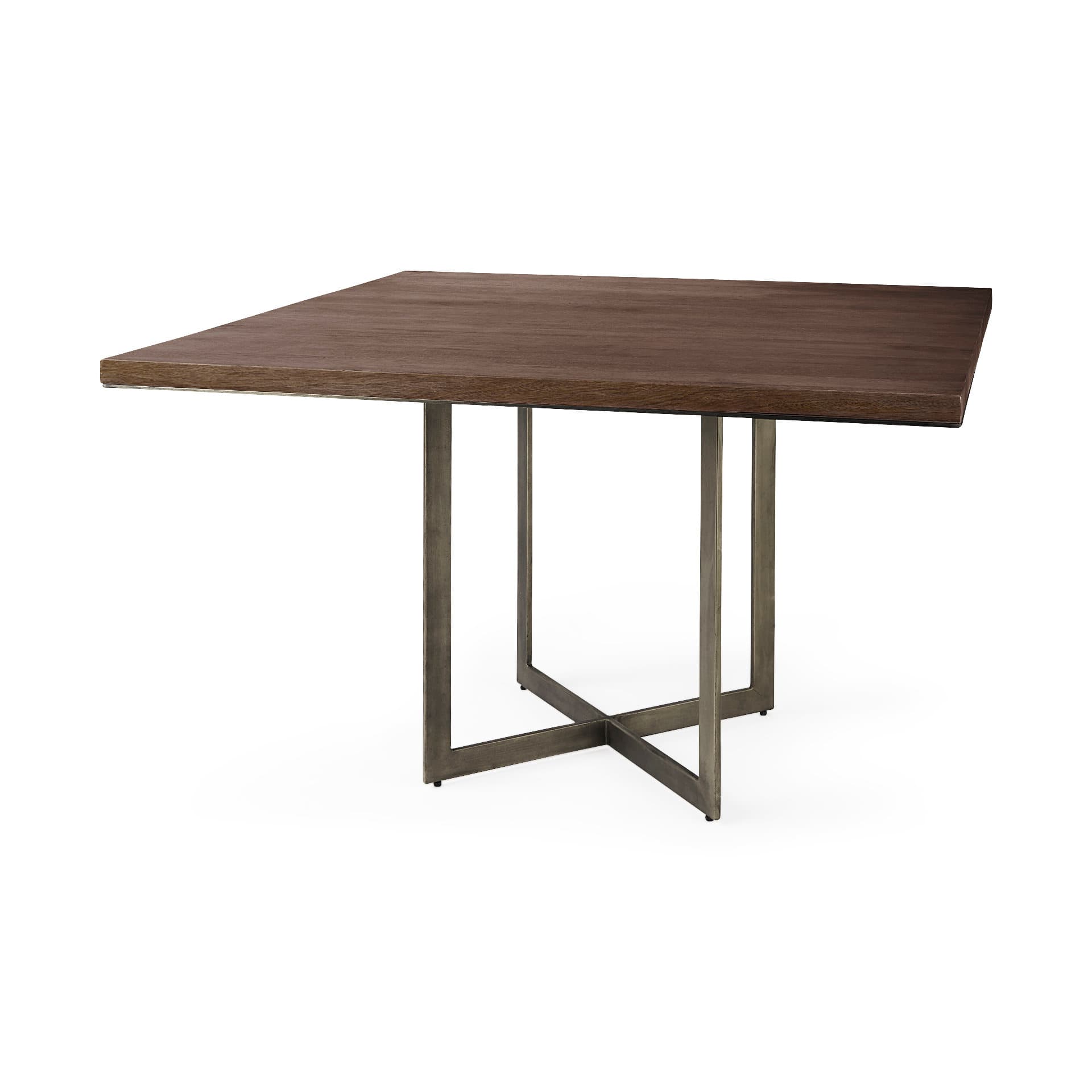 Faye 48"L x 48"W Square Dining Table | Modern | Med Brown Wood & Antique Nickel Metal | Seats 4 — product photograph