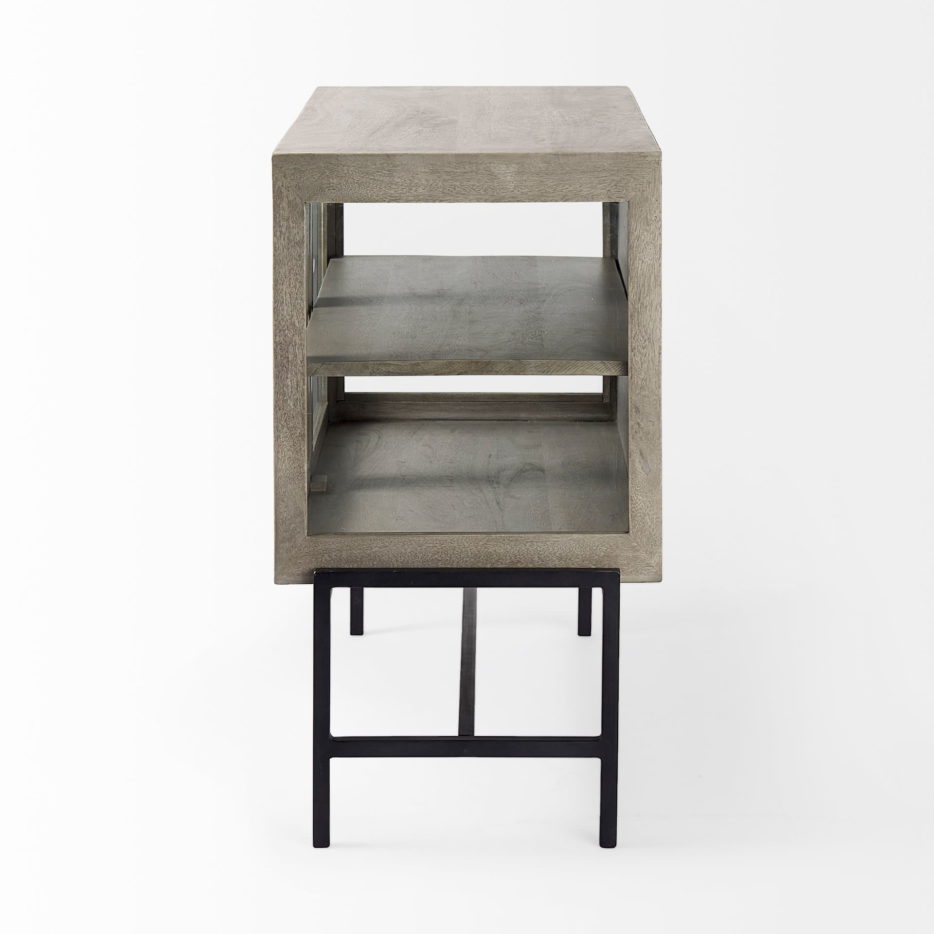 Arelius 36L x 18W x 32H Gray Wood, Black Metal Base w/ 2 Glass Doors Accent Cabinet — product photograph