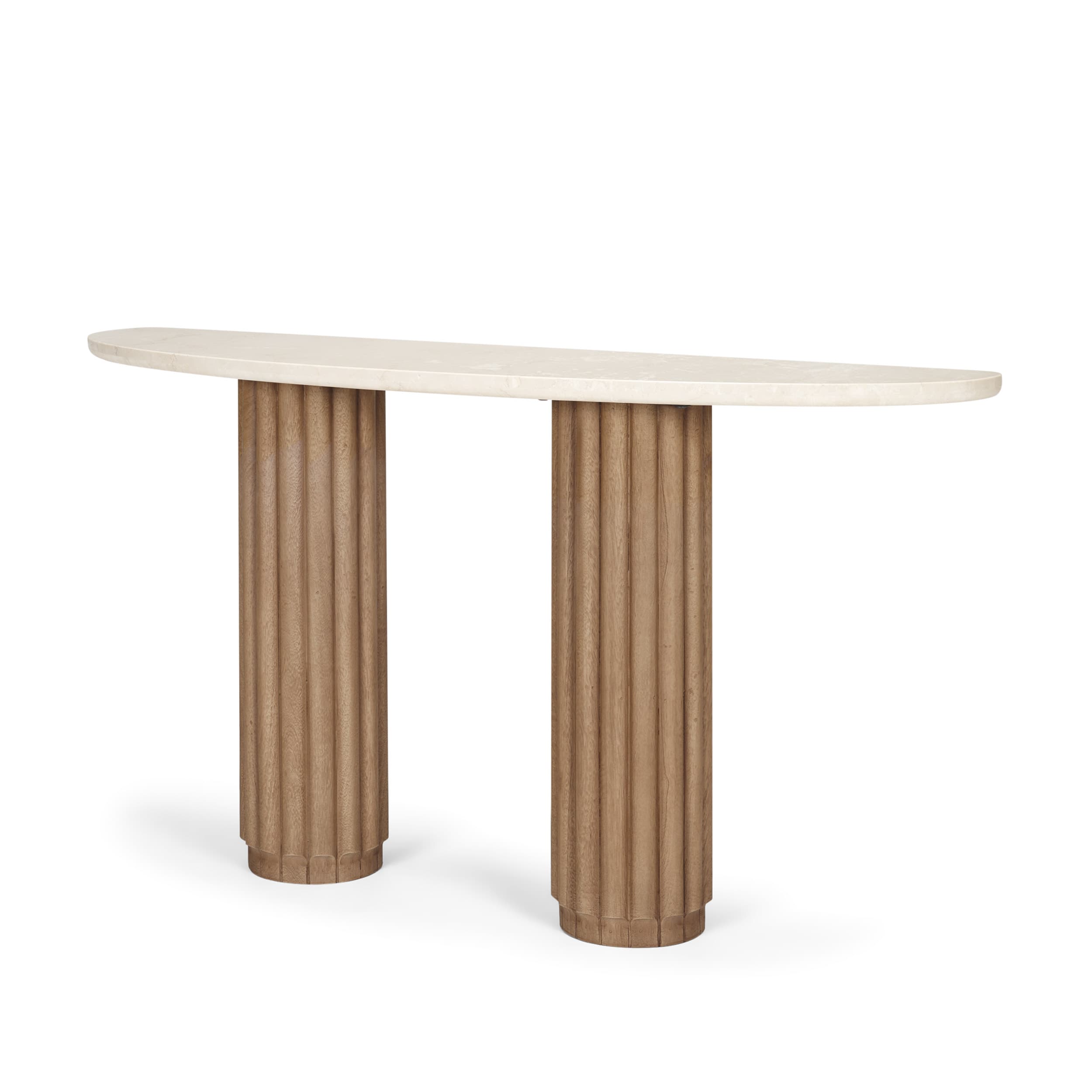 Marbrello Botticino Marble Top Light Brown Fluted Wood Half Moon Console Table — product photograph