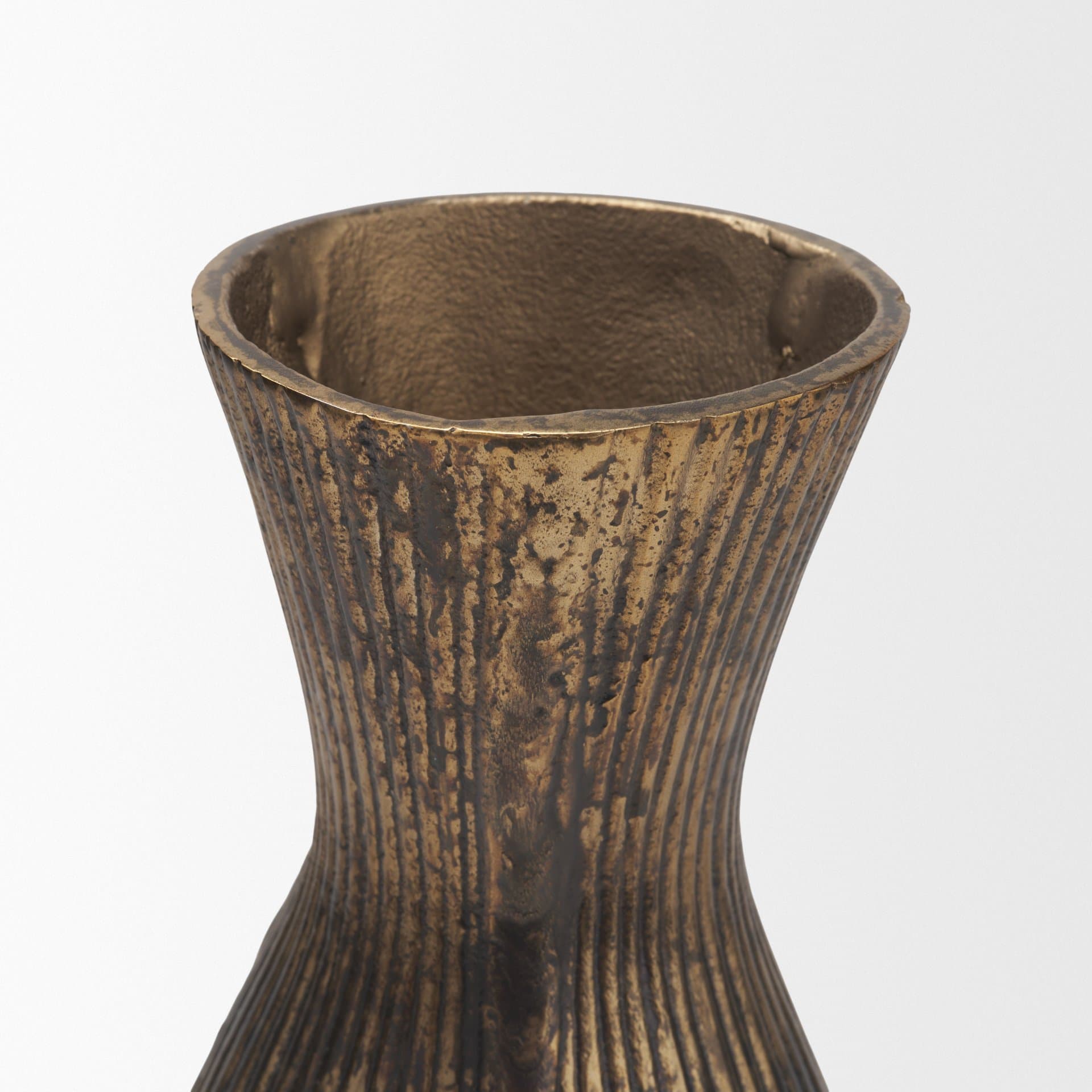 Patine Antiqued Brass Metal Fluted Hourglass Decorative Vase — product photograph