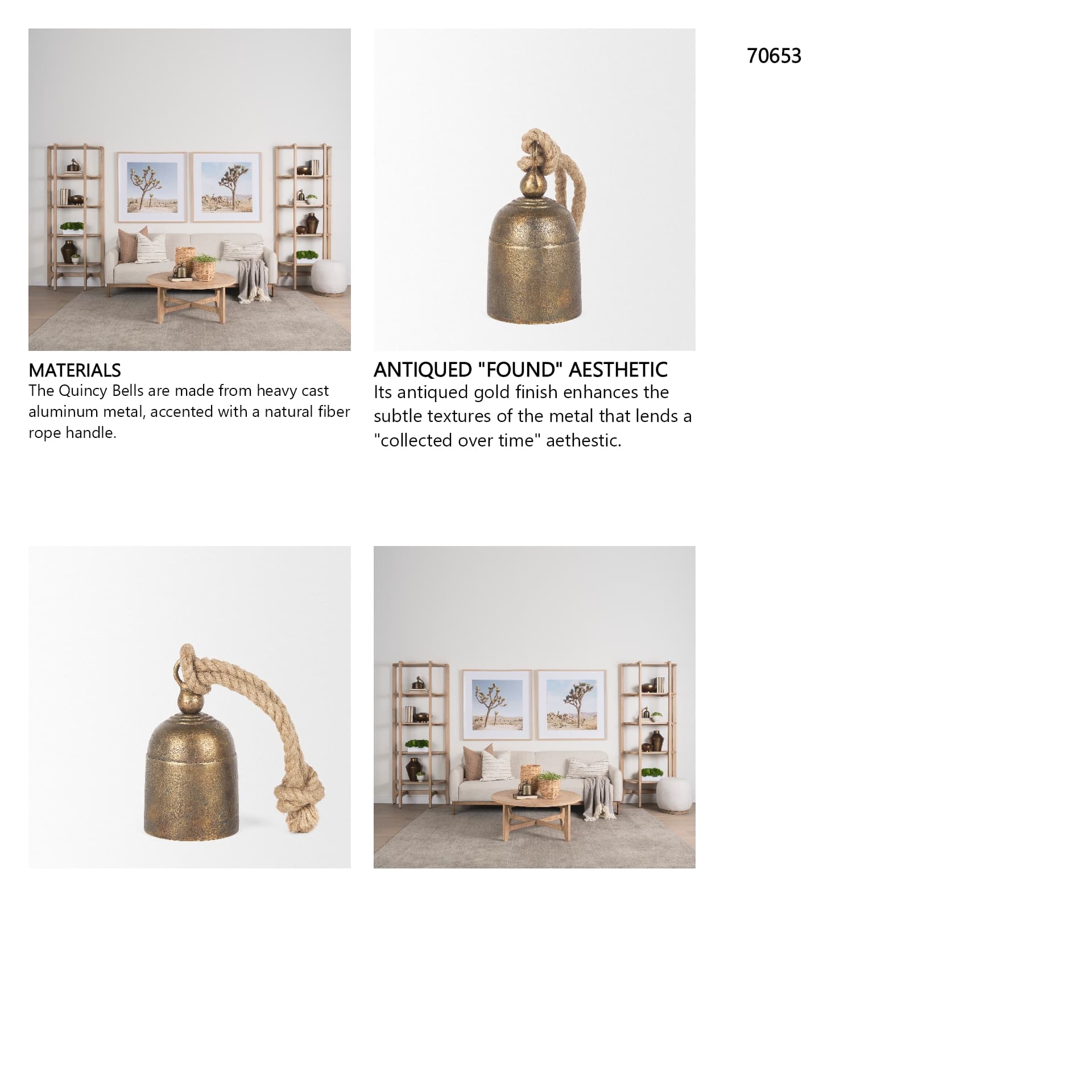 Quincy Small Gold Metal Decorative Bell Object — in a styled room
