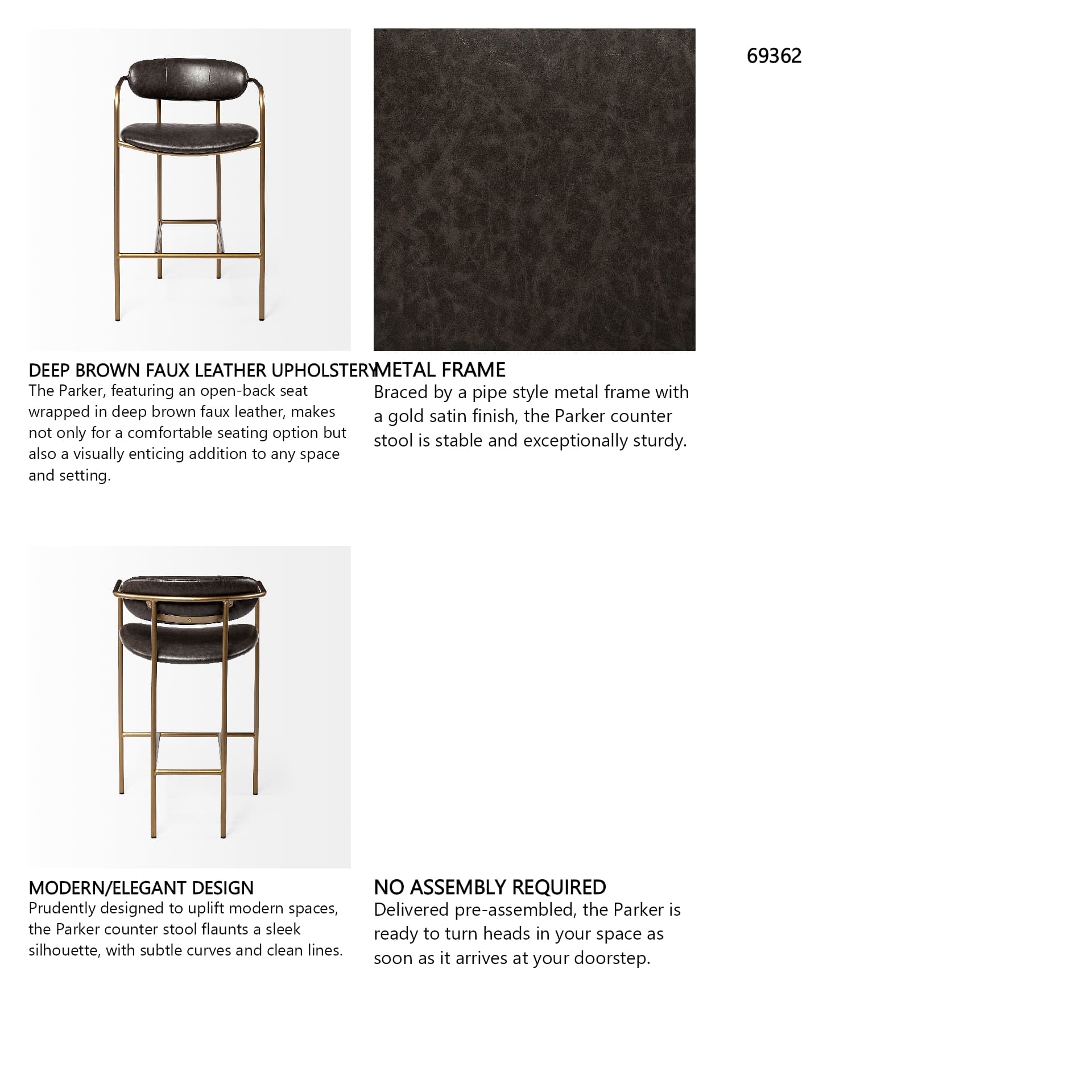 Parker Low Back 26.5in Seat Counter Stool | Brown Faux Leather — product photograph