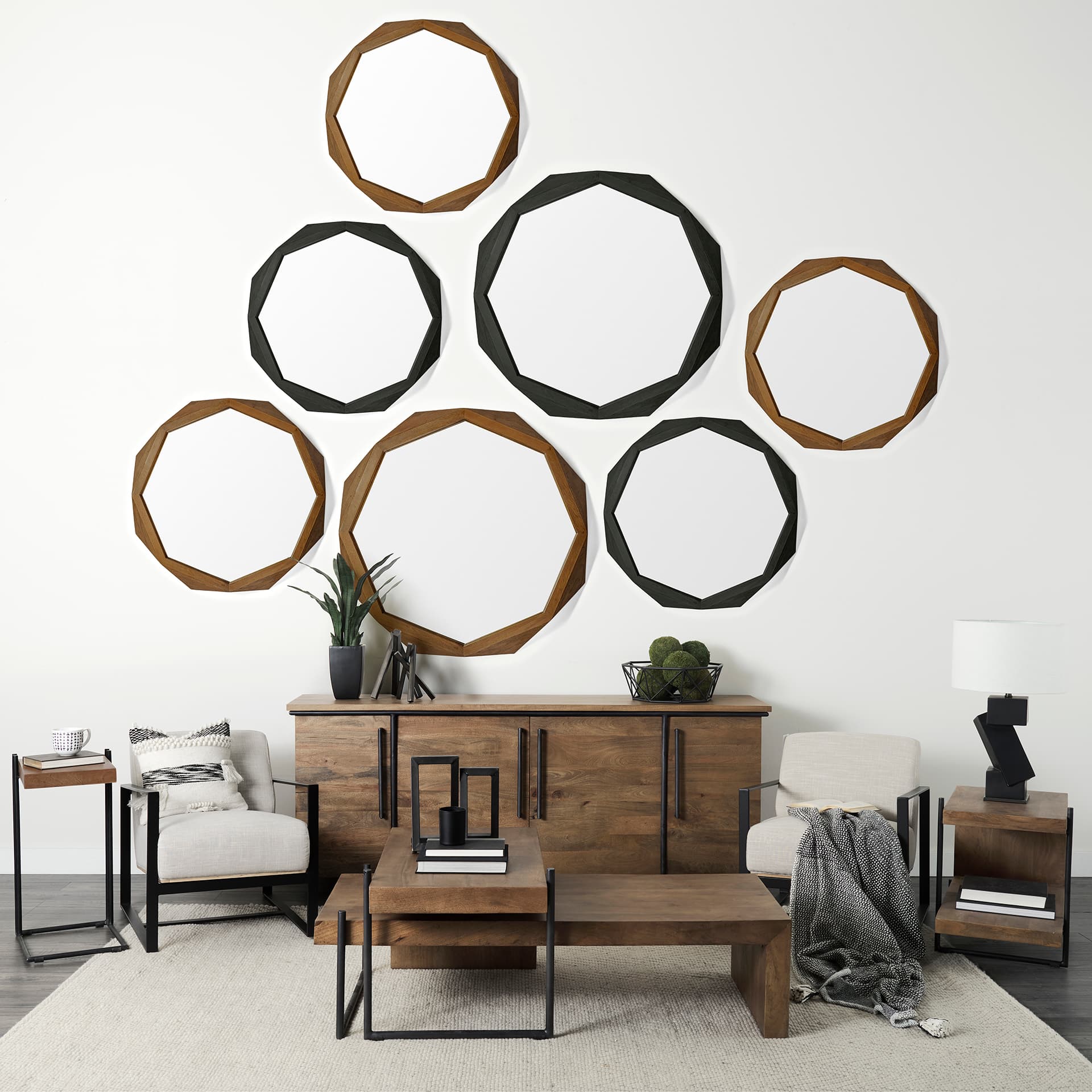 Aramis II 41L x 41H Octagon Brown Wood Frame Wall Mirror — product photograph