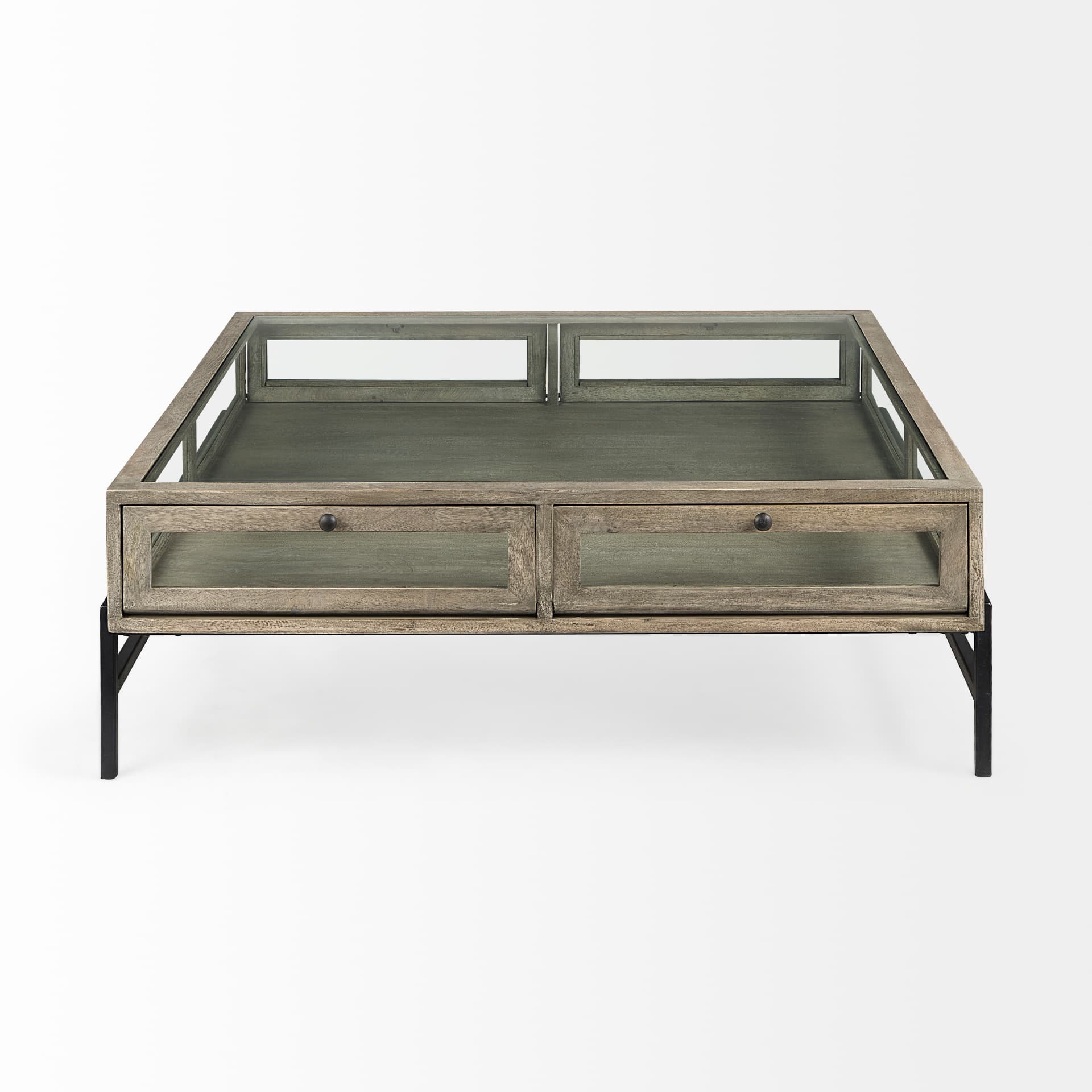 Arelius 42" Square Glass-Top Gray Wood w/ Black Metal Base Display Coffee Table — product photograph