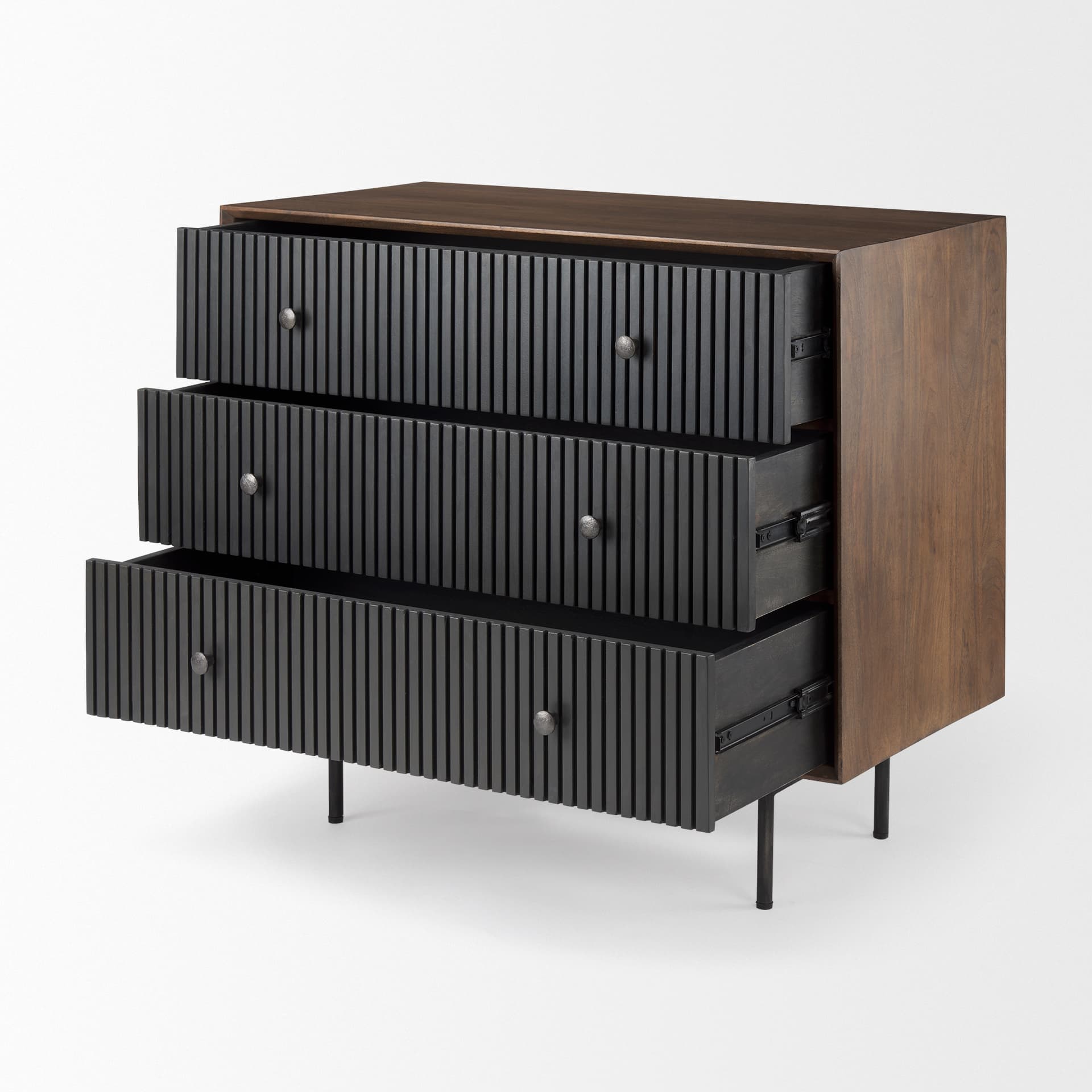 Grace 35.5L x 18.0W x 31.0H Medium Brown Wood W/Black Metal Frame 3 Drawer Accent Cabinet — product photograph