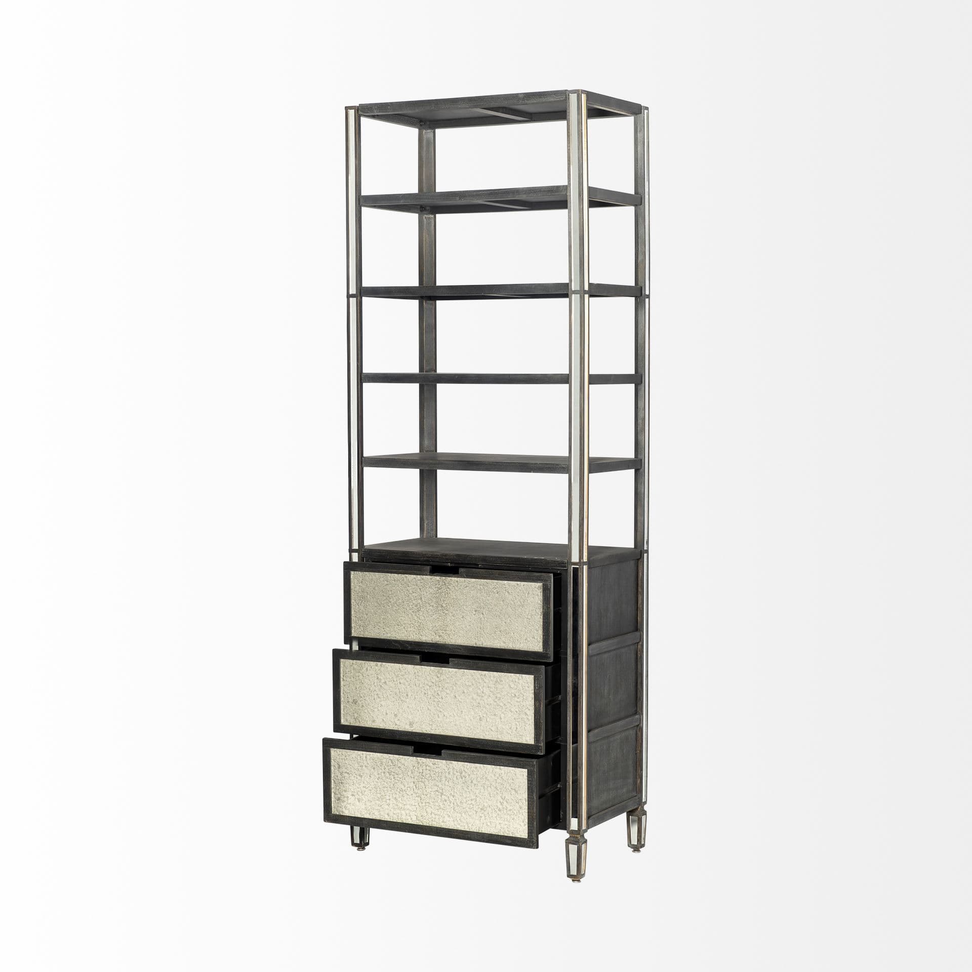 Sunnyvale 32L x 18W x 90H Dark Brown Solid Wood and Mirrored Glass Four Shelf Shelving Unit — product photograph