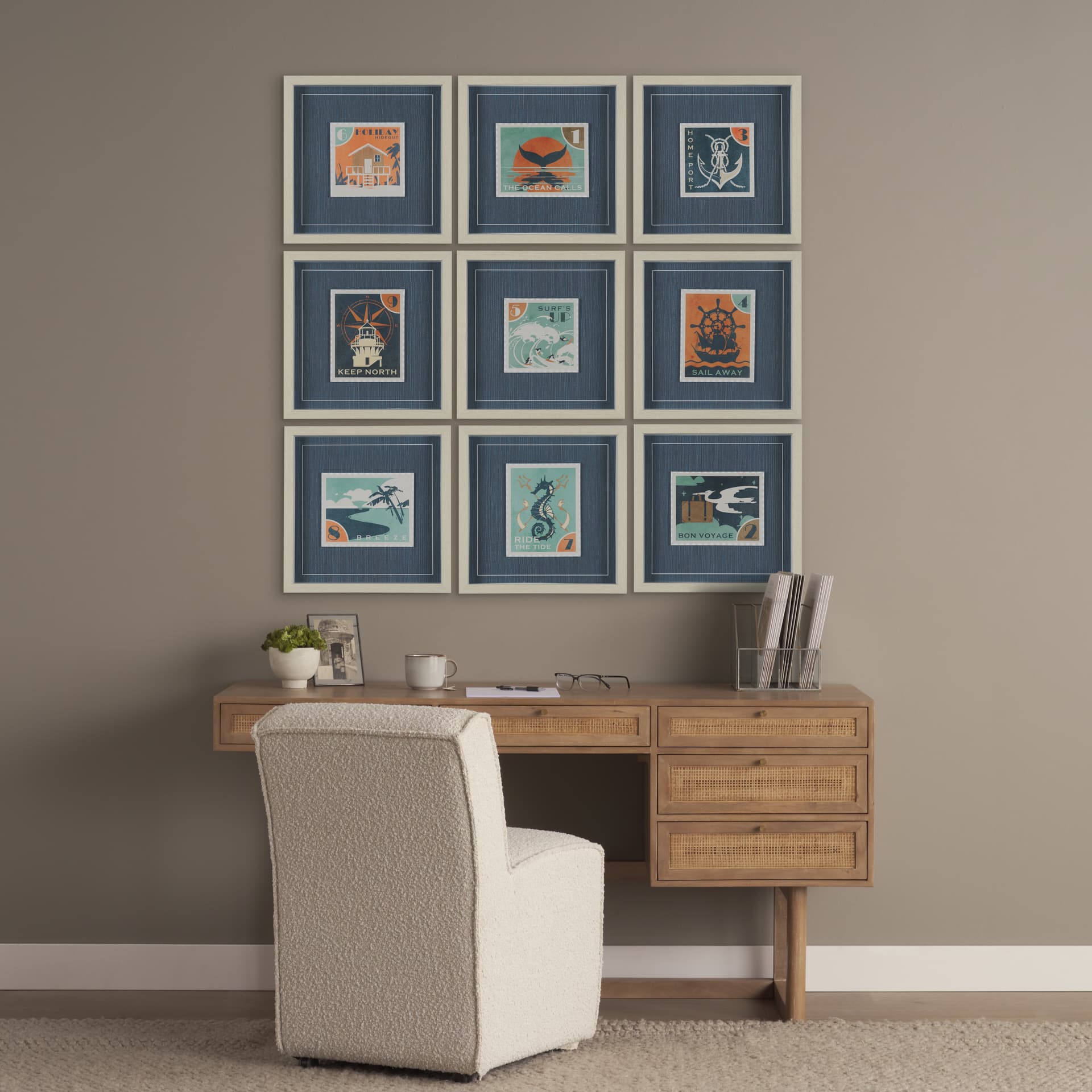 Bon Voyage (Set of 9) by Mercana Studio a Hand Embellished Framed Art Print Matted under Glass — in a styled room