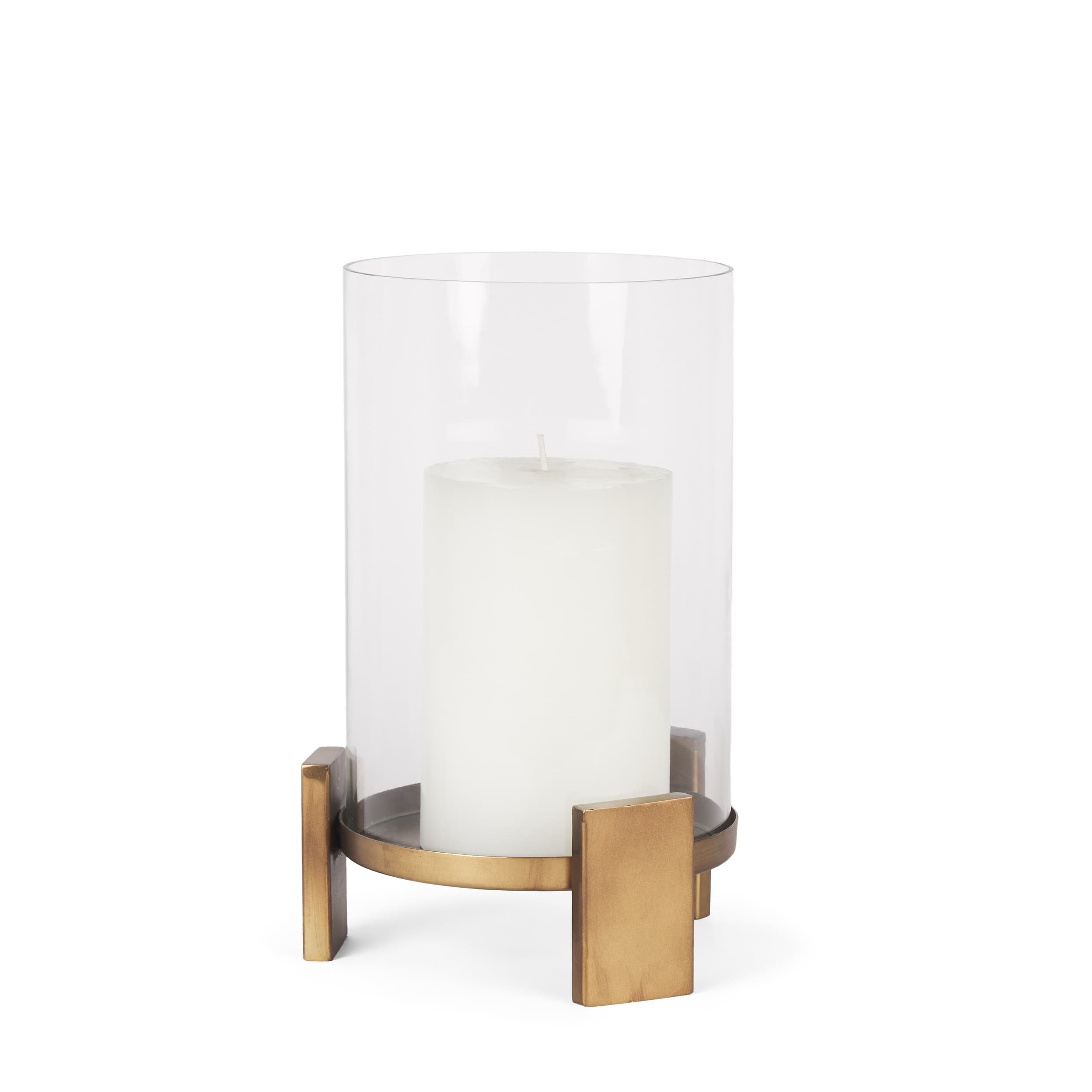 Price Small Antiqued Gold Metal w/ Glass Hurricane Candle Holder — product photograph