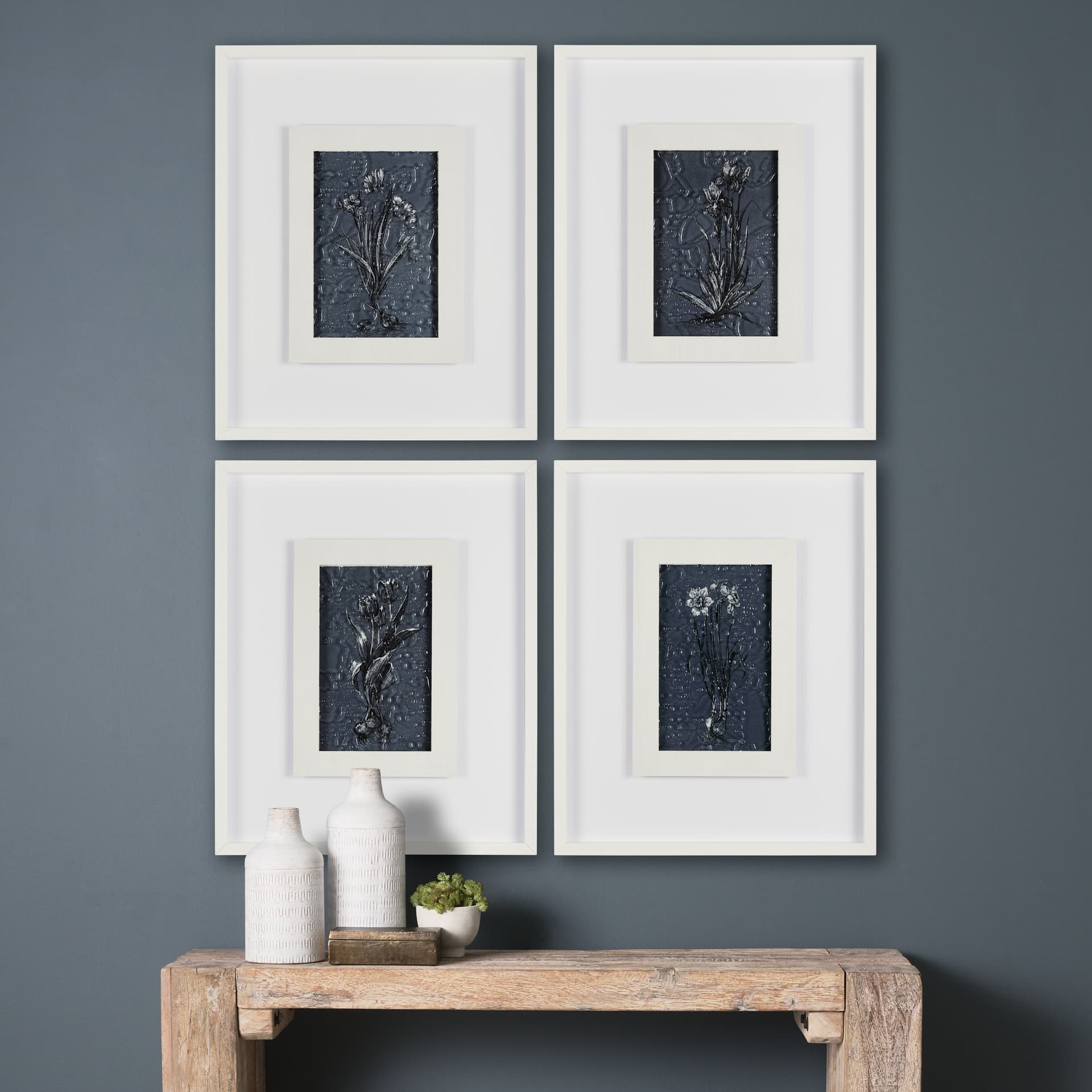Botanical sketches II (Blue) by Mercana Studio Hand Embellished Framed Art Print Matted under Glass — in a styled room