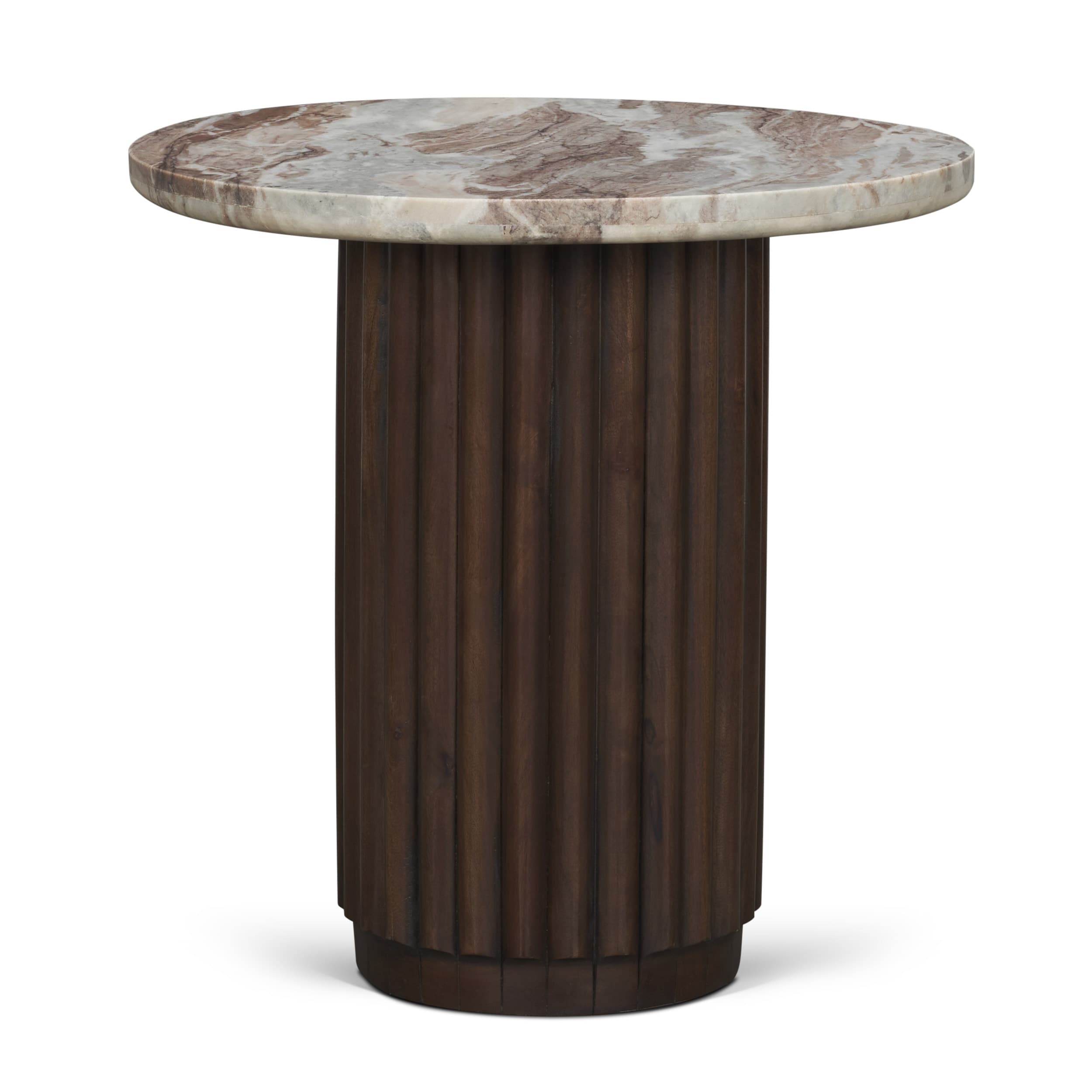 Marbrello Pink Marble Top Espresso Brown Fluted Wood Round Side Table — product photograph
