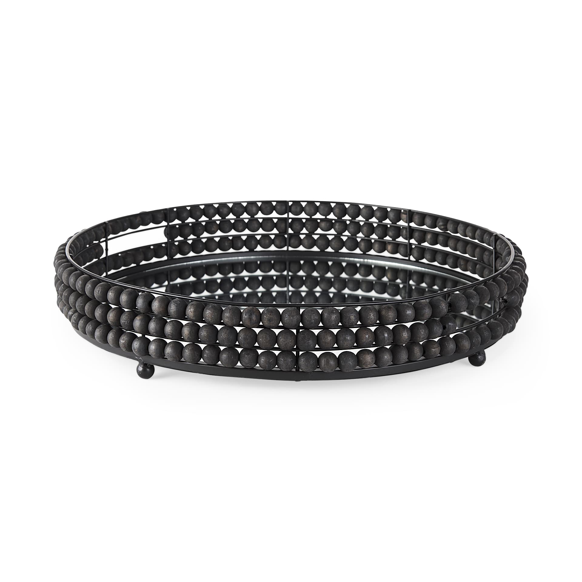 Decatur II 21L x 21W Black Wooden Bead Mirrored Bottom Round Tray — product photograph