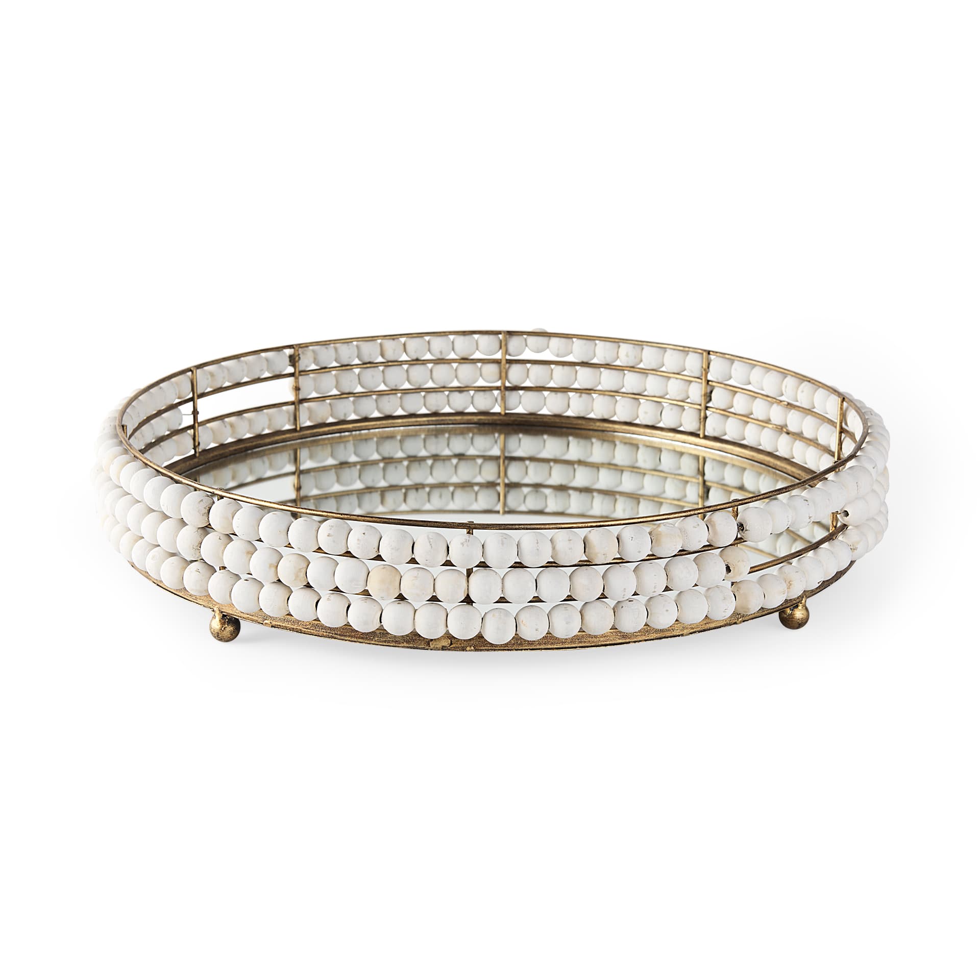 Decatur I 21L x 21W White Wooden Bead Mirrored Bottom Round Tray — product photograph