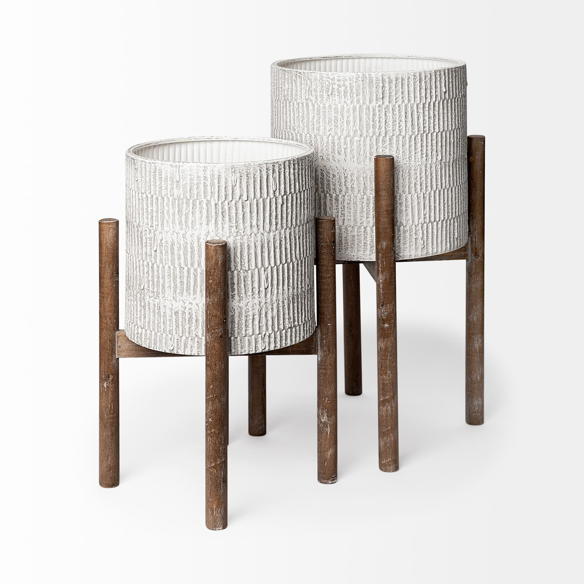 Groot Set of Two 11.8 x 23 Eggshell Ceramic Wooden Base Plant Stands — product photograph